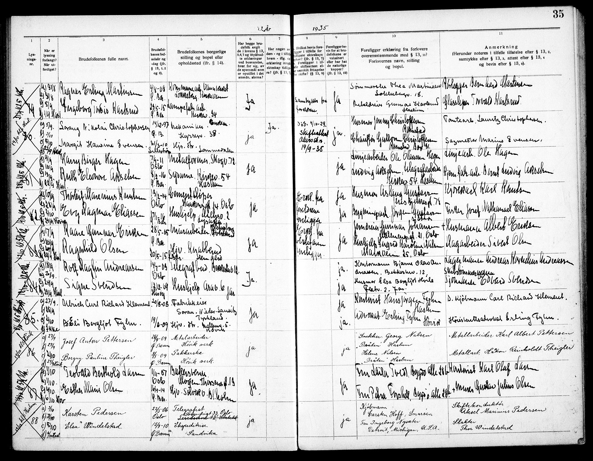 Østre Bærum prestekontor Kirkebøker, AV/SAO-A-10887/H/Ha/L0002: Banns register no. 2, 1932-1939, p. 35