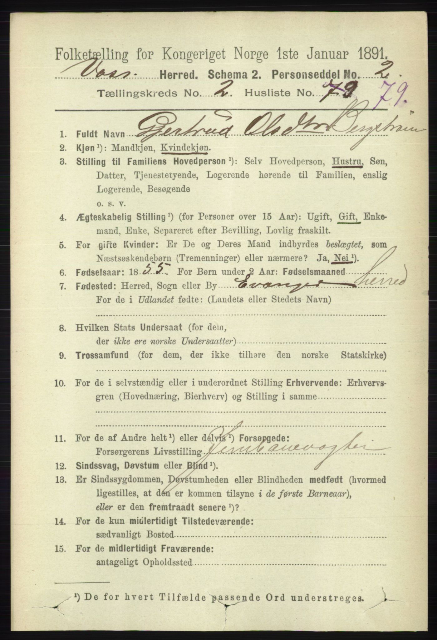 RA, 1891 census for 1235 Voss, 1891, p. 1121