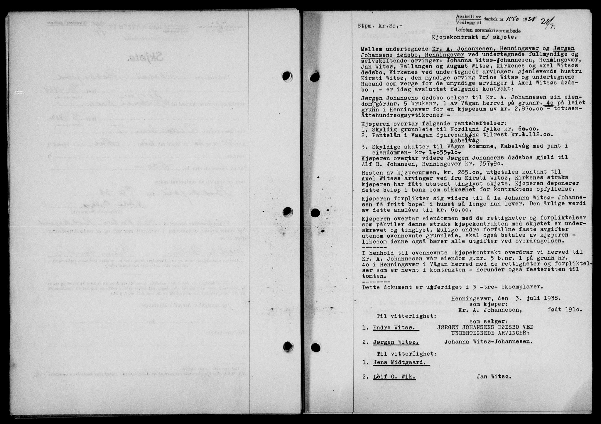 Lofoten sorenskriveri, SAT/A-0017/1/2/2C/L0004a: Mortgage book no. 4a, 1938-1938, Diary no: : 1550/1938