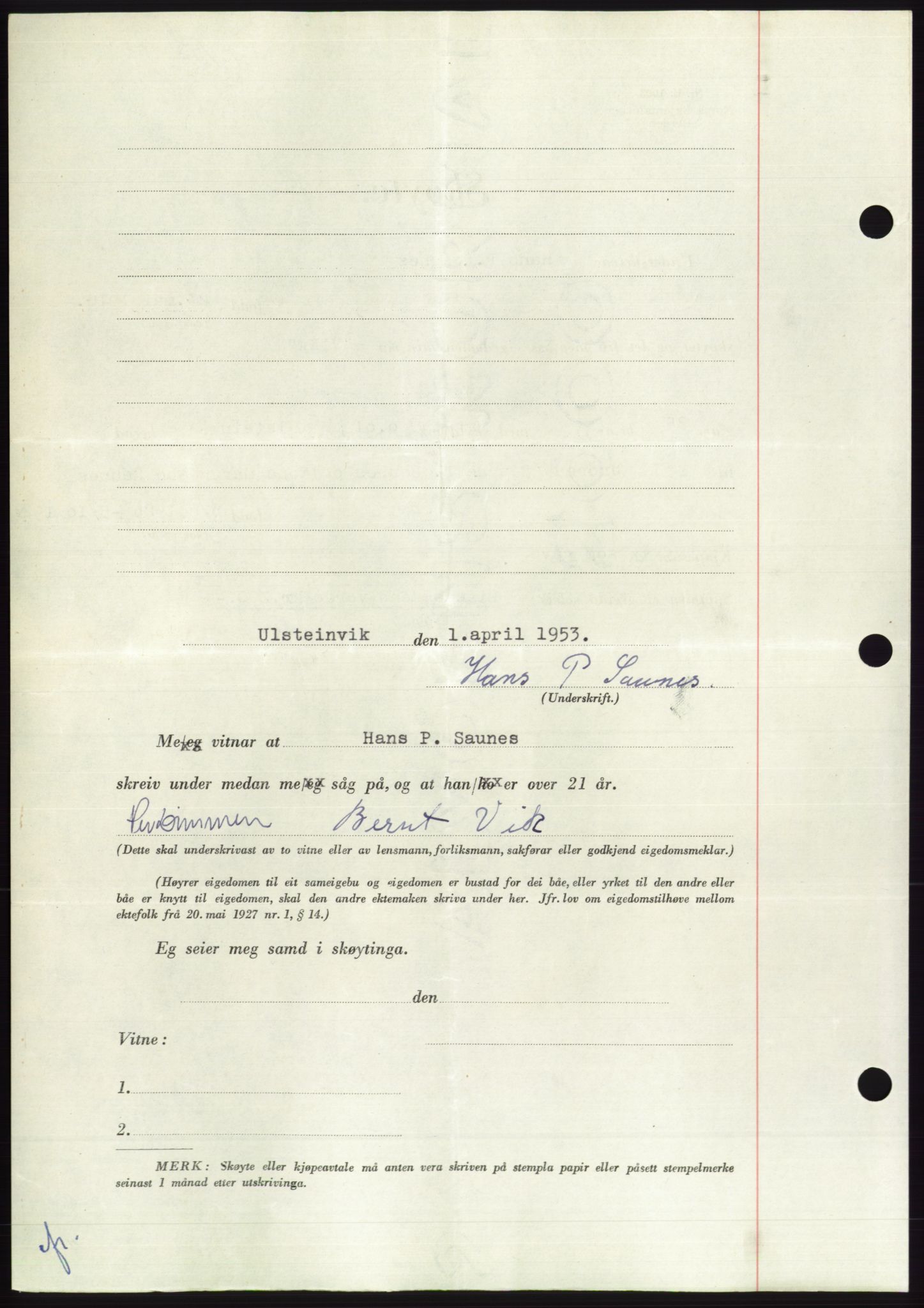Søre Sunnmøre sorenskriveri, AV/SAT-A-4122/1/2/2C/L0094: Mortgage book no. 20A, 1953-1953, Diary no: : 803/1953