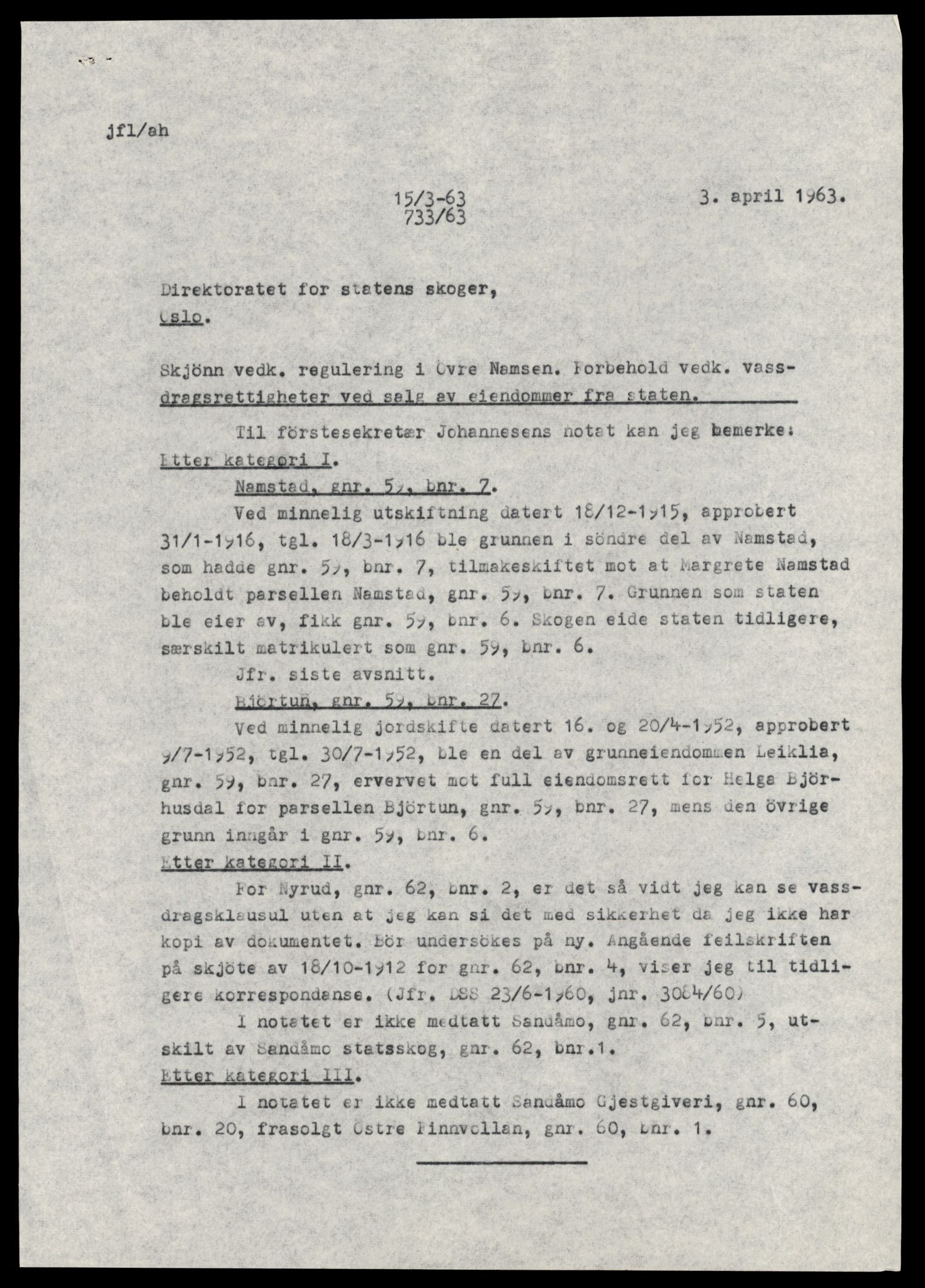 Statskog Trøndelag / Møre, AV/SAT-A-4532/1/D/Da/L0336/0007: Sakarkiv / Vassdragsreguleringer m.m. - Kraftverkene Øvre Namsen, diverse (grunnerstatninger), 1957-1963, p. 24