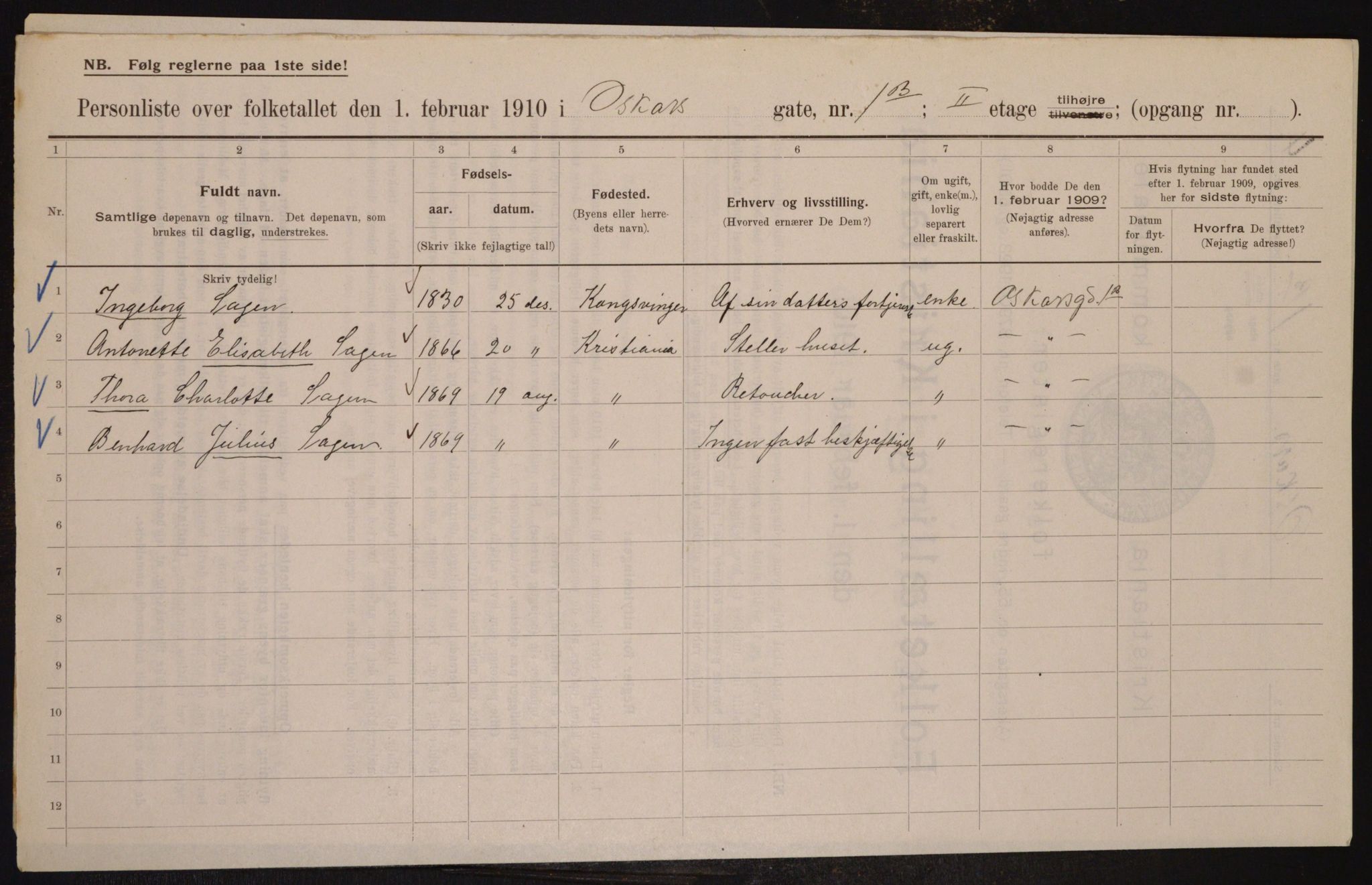 OBA, Municipal Census 1910 for Kristiania, 1910, p. 73282