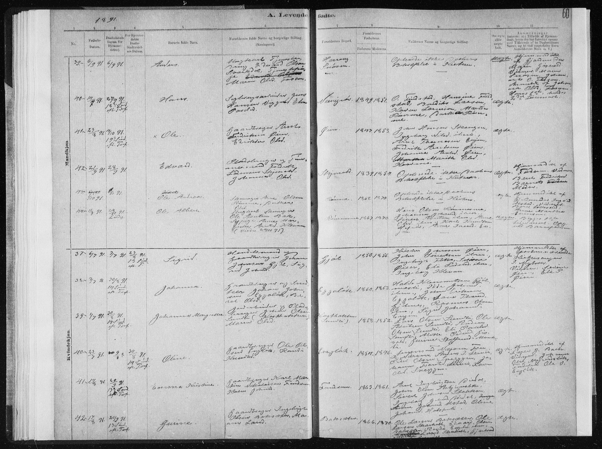 Ministerialprotokoller, klokkerbøker og fødselsregistre - Sør-Trøndelag, AV/SAT-A-1456/668/L0818: Parish register (copy) no. 668C07, 1885-1898, p. 60