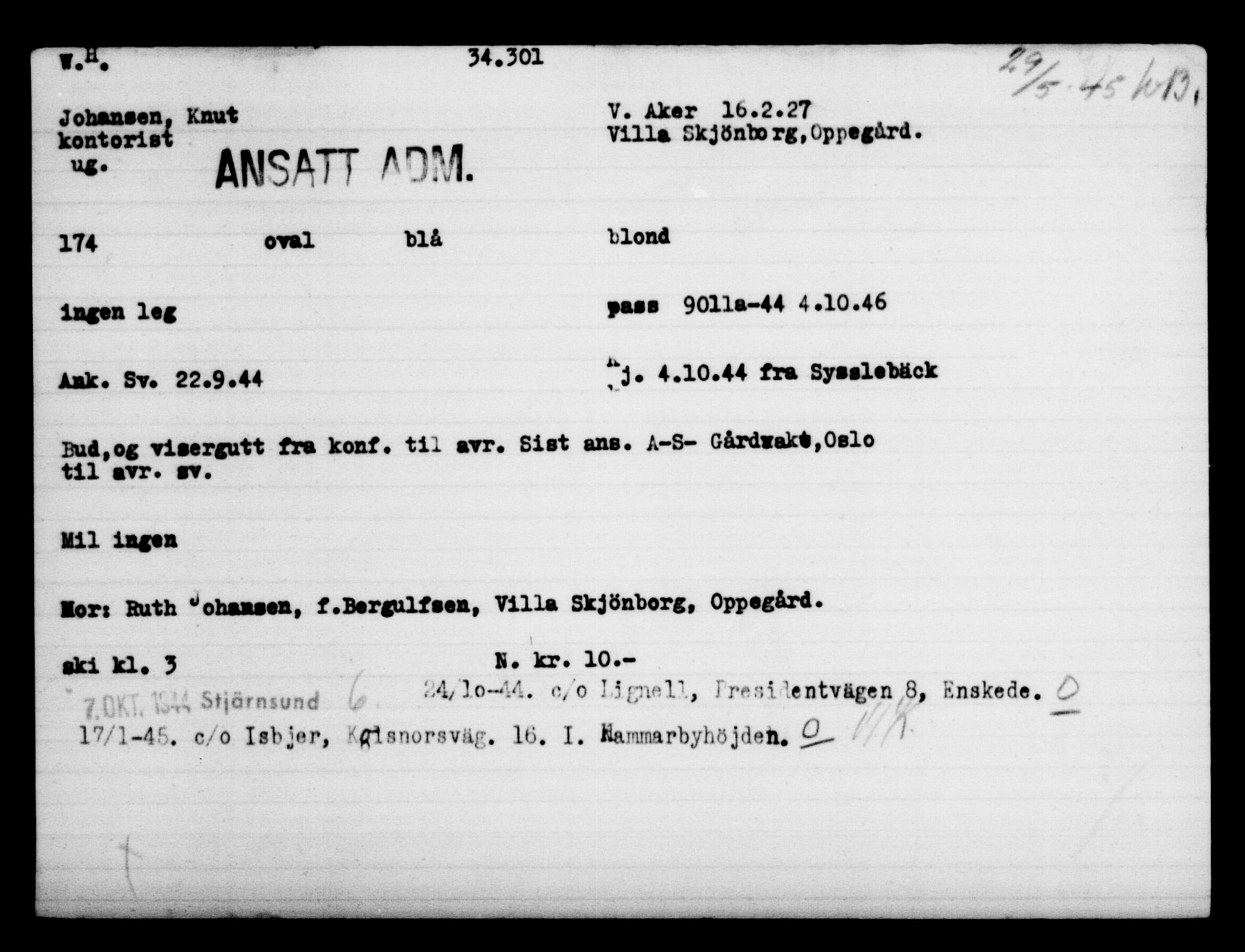 Utenriksstasjonene, Legasjonen i Stockholm, Flyktningkontoret, AV/RA-S-6753/V/Va/L0013: Kjesäterkartoteket, flyktninger med registreringsnr. 31500-34731, 1940-1945, p. 2953