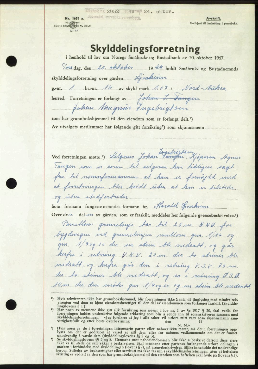 Romsdal sorenskriveri, AV/SAT-A-4149/1/2/2C: Mortgage book no. A31, 1949-1949, Diary no: : 2952/1949