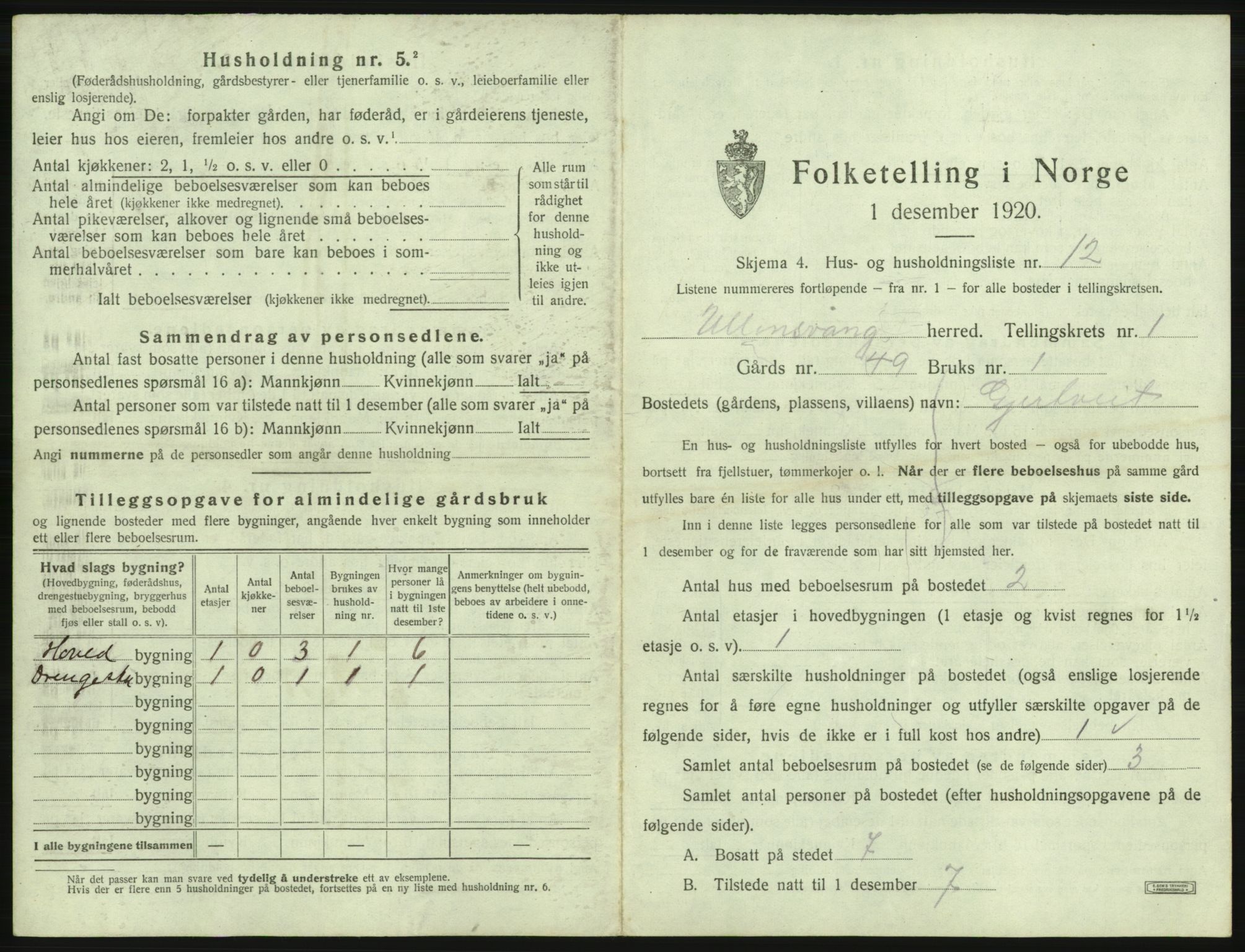 SAB, 1920 census for Ullensvang, 1920, p. 54