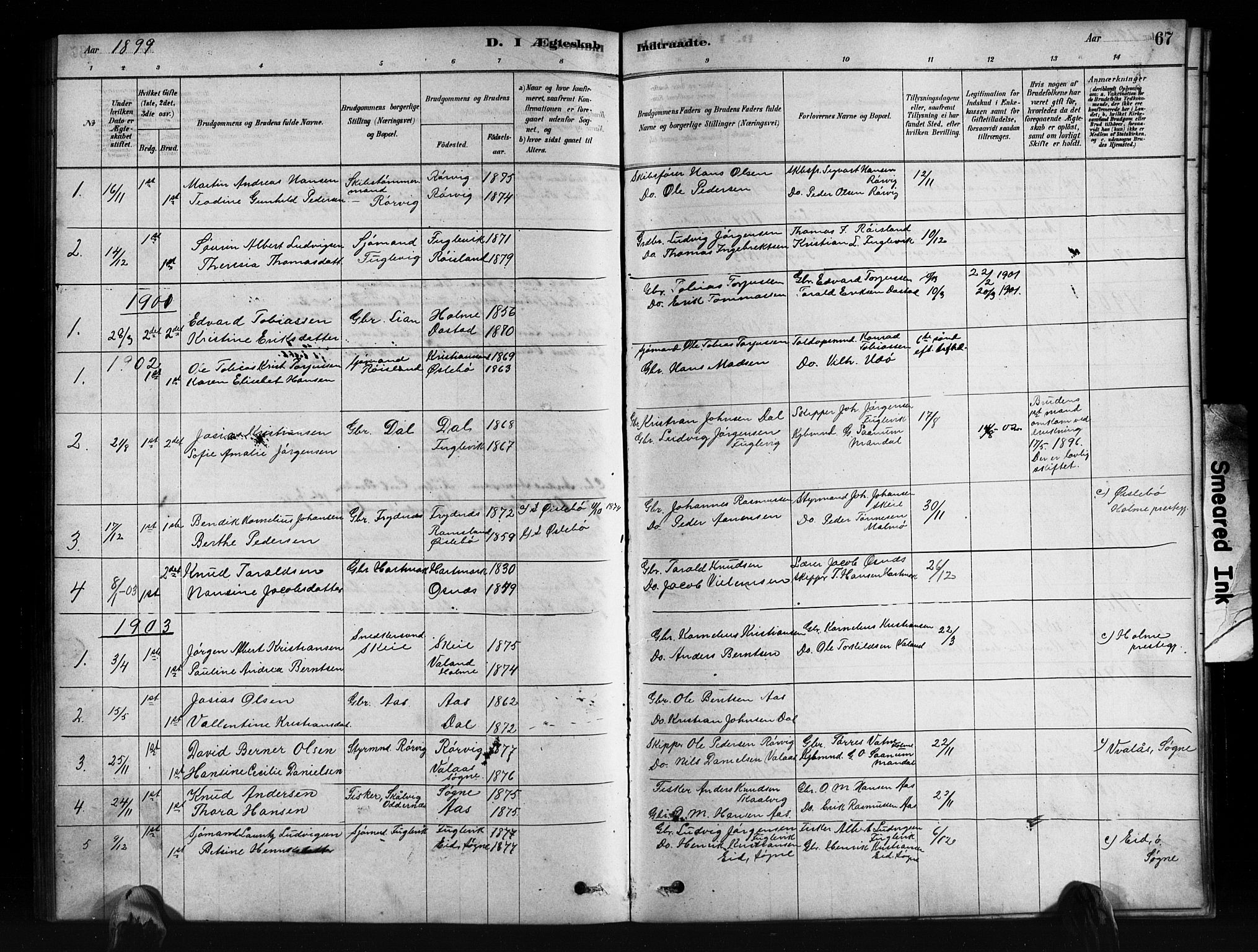 Mandal sokneprestkontor, SAK/1111-0030/F/Fb/Fbb/L0004: Parish register (copy) no. B 4, 1878-1913, p. 67