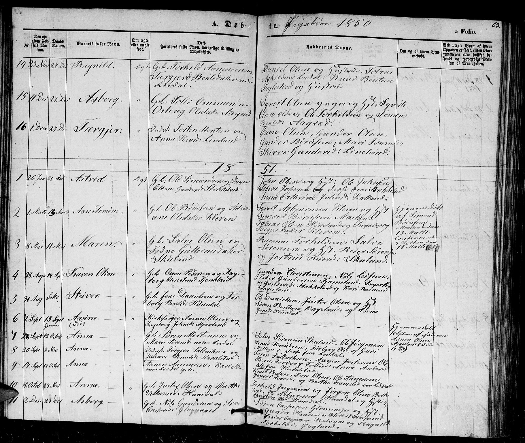Holum sokneprestkontor, SAK/1111-0022/F/Fb/Fbb/L0002: Parish register (copy) no. B 2, 1847-1874, p. 63