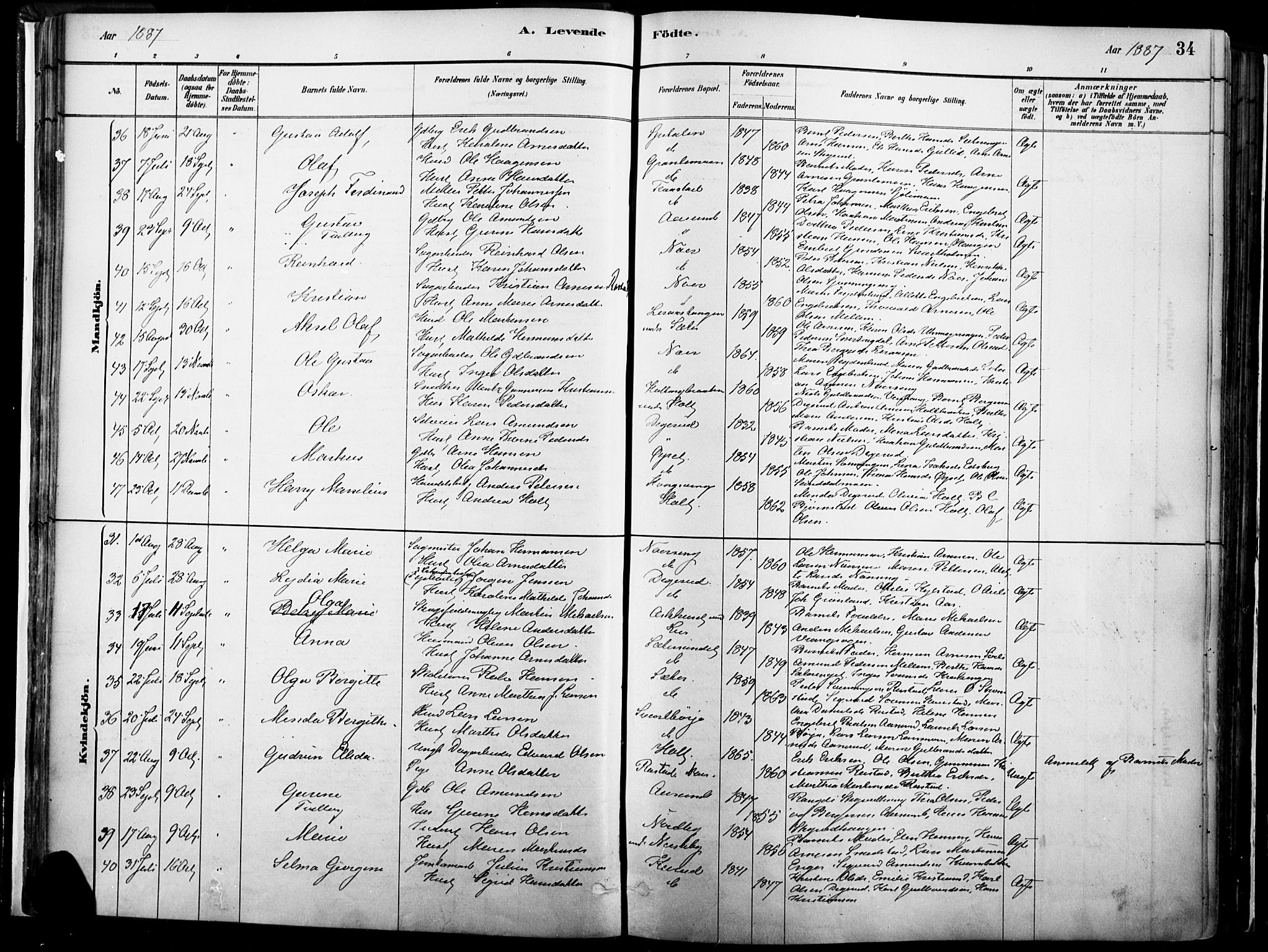 Vinger prestekontor, SAH/PREST-024/H/Ha/Haa/L0014: Parish register (official) no. 14, 1881-1900, p. 34