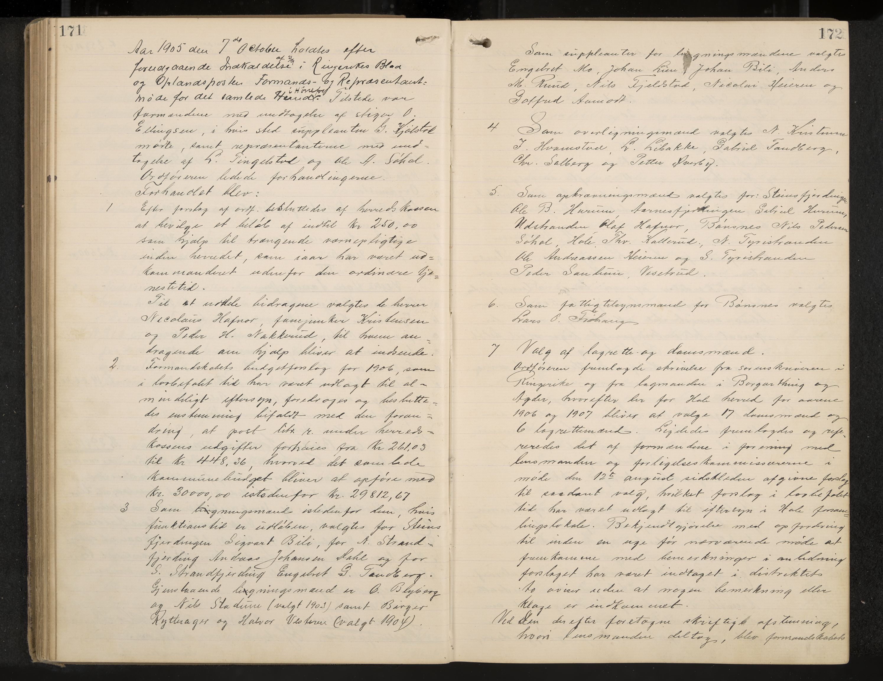Hole formannskap og sentraladministrasjon, IKAK/0612021-1/A/Aa/L0004: Møtebok med register, 1902-1910, p. 171-172