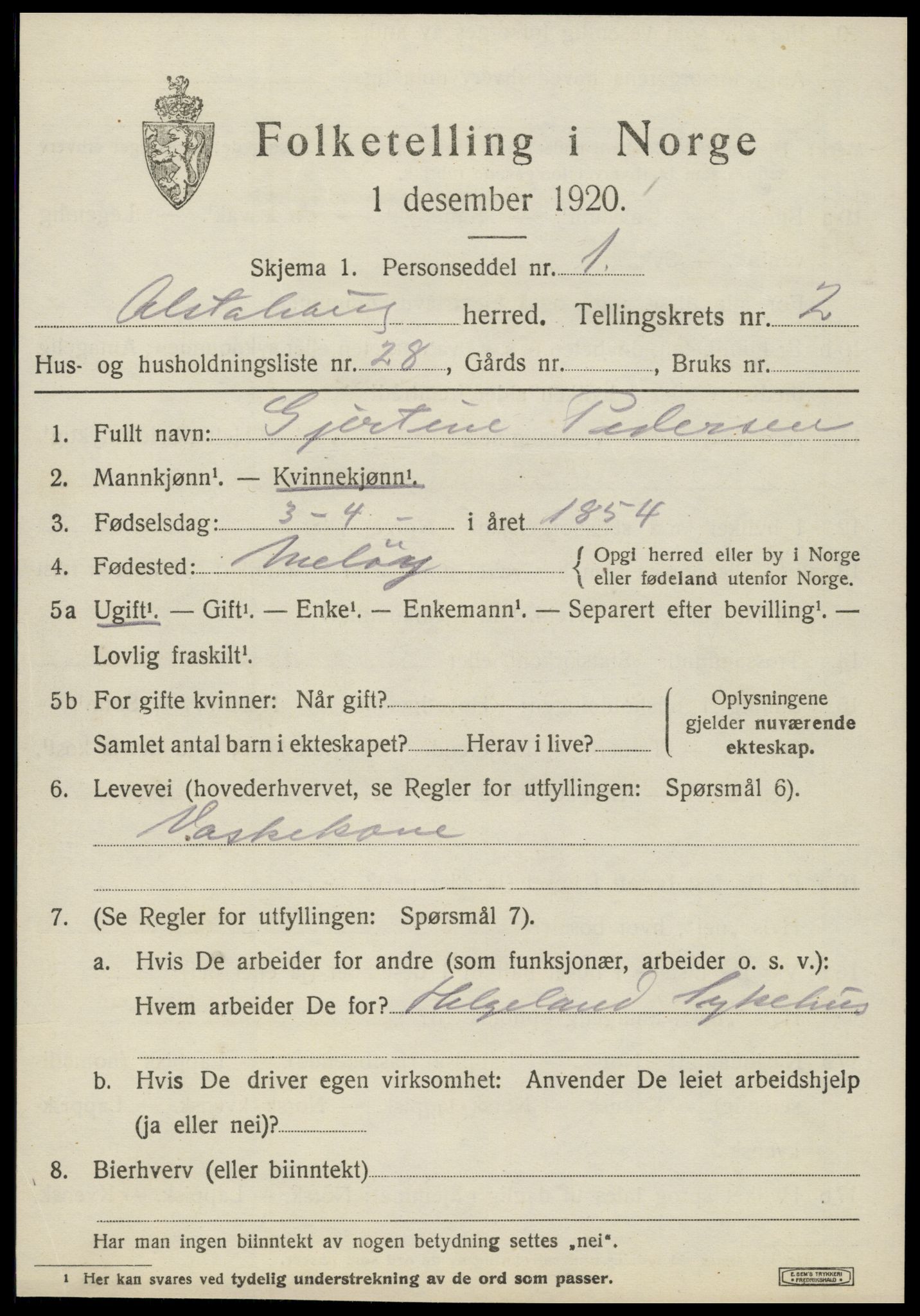 SAT, 1920 census for Alstahaug, 1920, p. 1239
