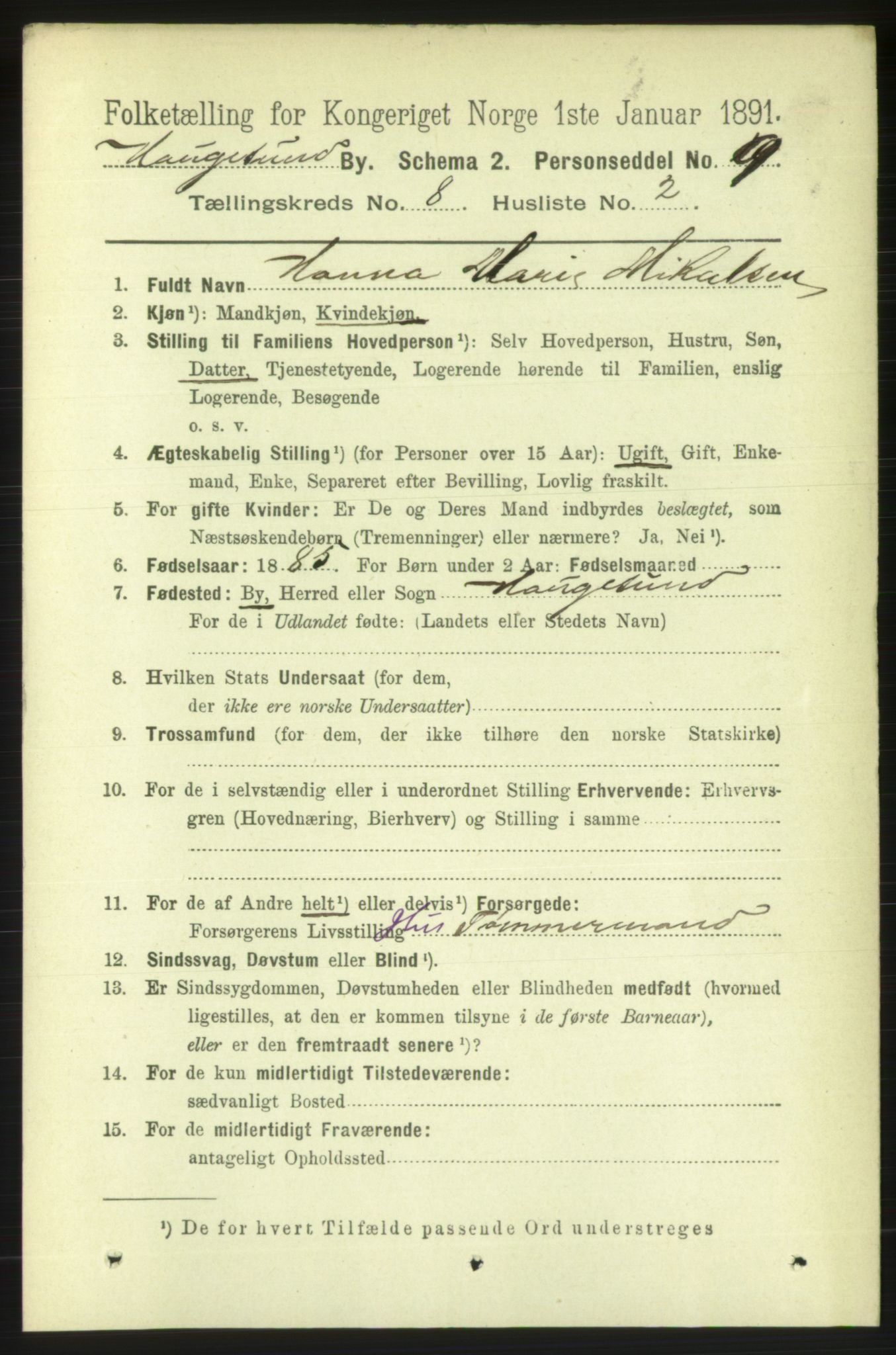 RA, 1891 census for 1106 Haugesund, 1891, p. 3696