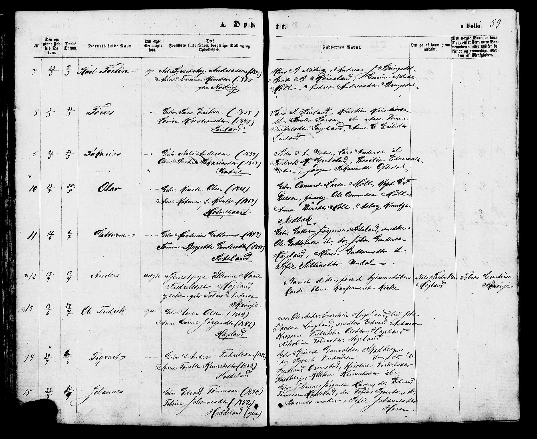 Holum sokneprestkontor, SAK/1111-0022/F/Fb/Fba/L0004: Parish register (copy) no. B 4, 1867-1890, p. 59