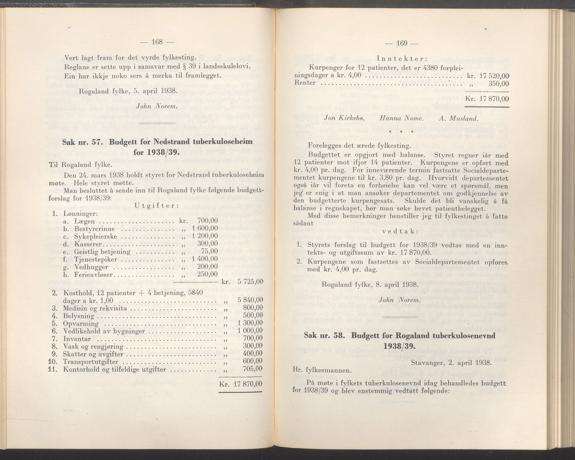 Rogaland fylkeskommune - Fylkesrådmannen , IKAR/A-900/A/Aa/Aaa/L0057: Møtebok , 1938, p. 168-169