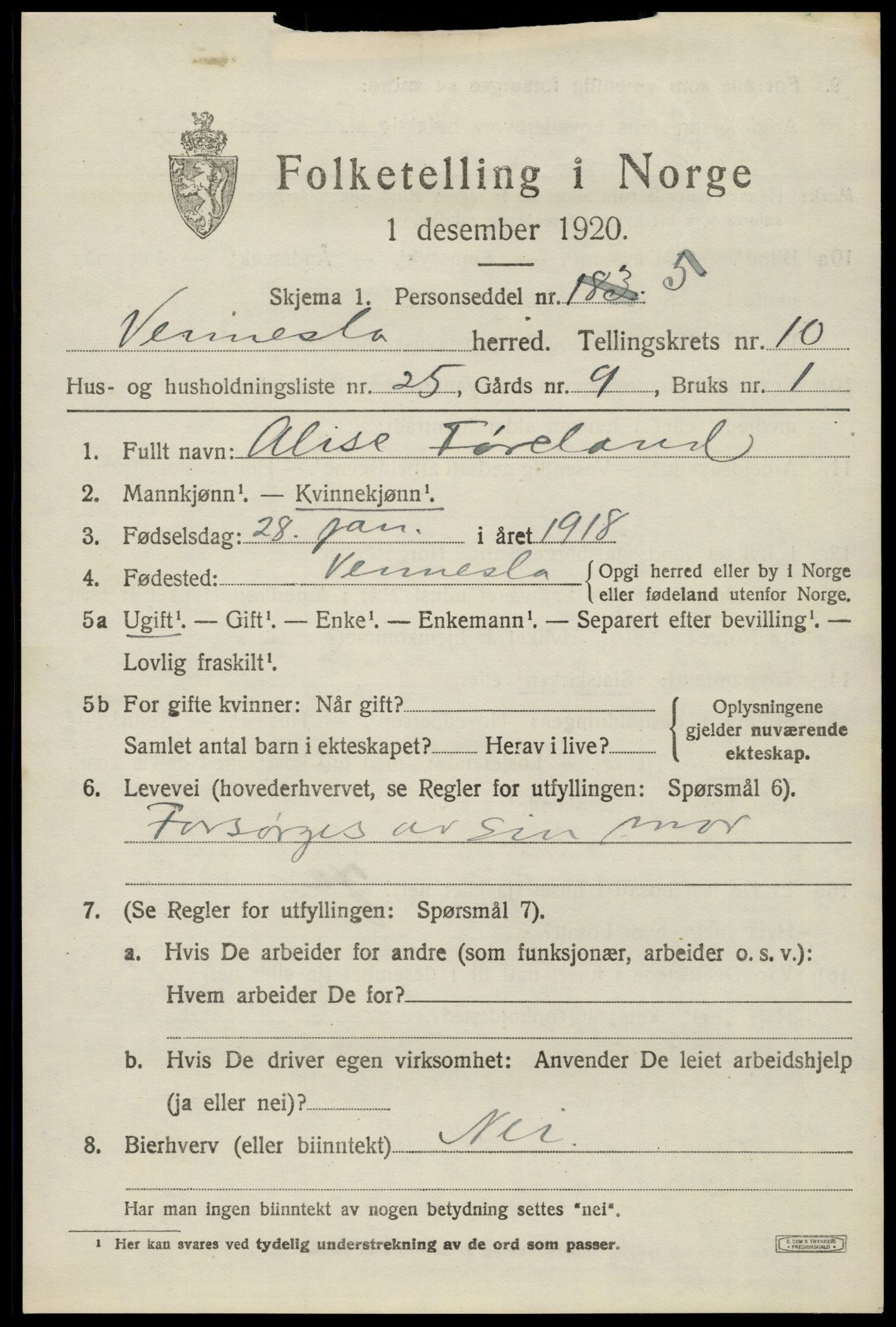 SAK, 1920 census for Vennesla, 1920, p. 7090