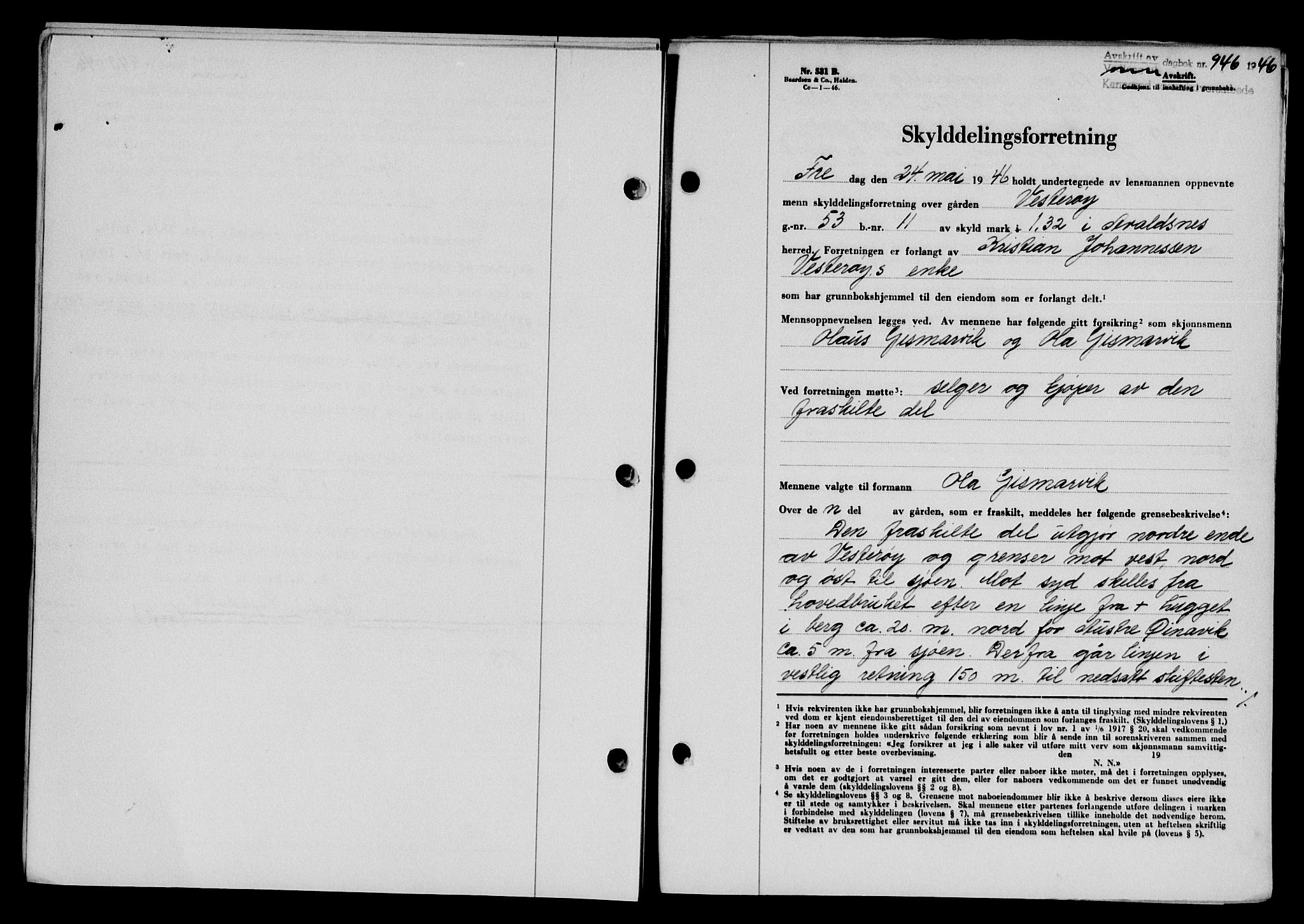 Karmsund sorenskriveri, AV/SAST-A-100311/01/II/IIB/L0085: Mortgage book no. 66A, 1946-1946, Diary no: : 946/1946