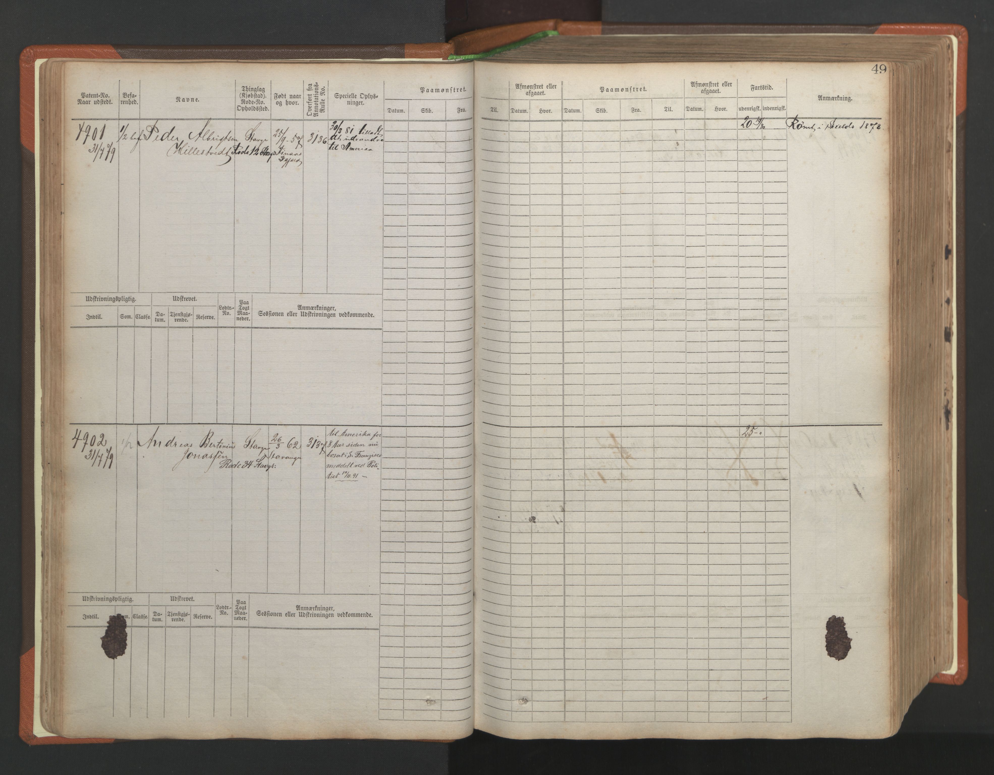 Stavanger sjømannskontor, SAST/A-102006/F/Fb/Fbb/L0009: Sjøfartshovedrulle, patentnr. 4805-6006, 1879-1887, p. 53