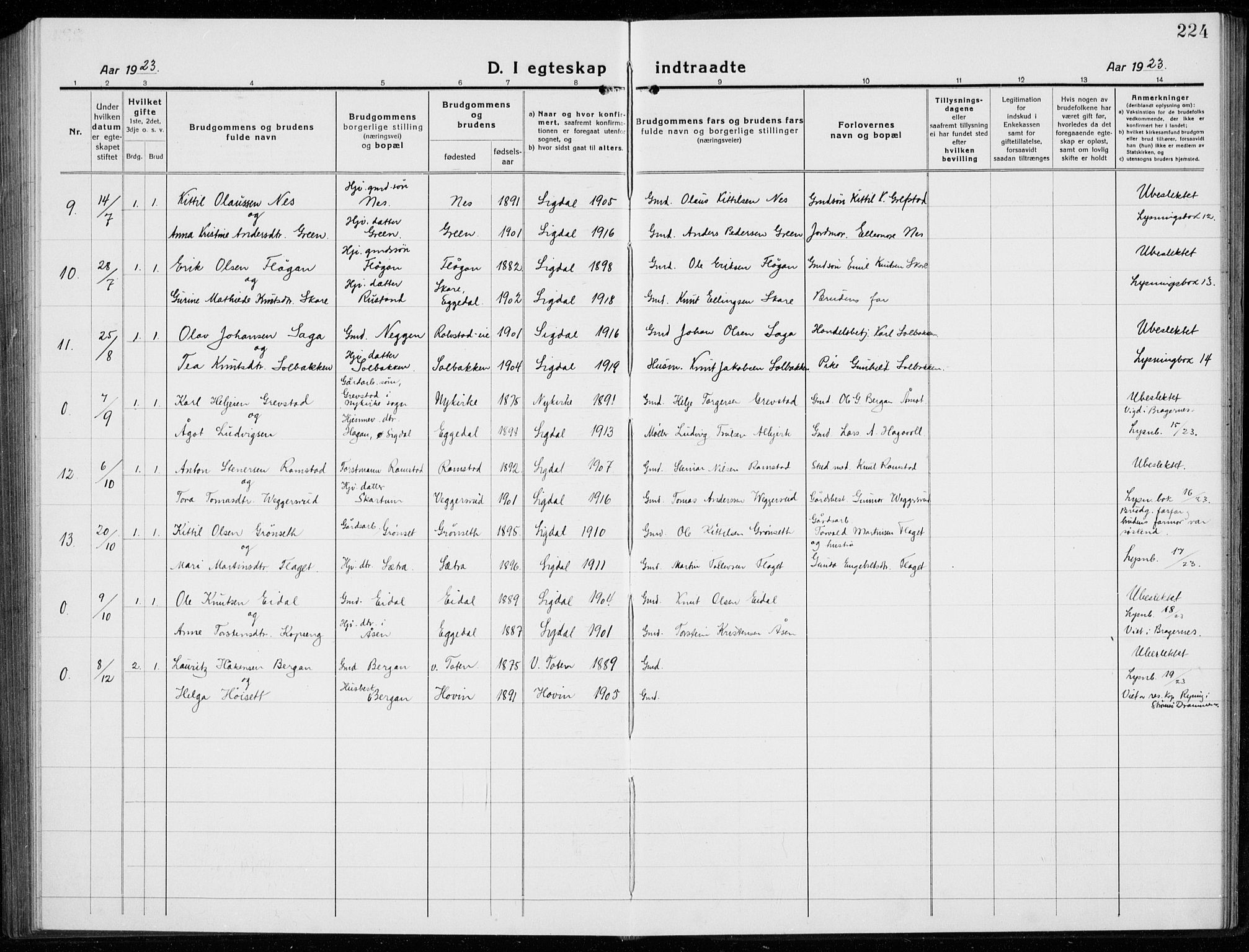 Sigdal kirkebøker, AV/SAKO-A-245/G/Ga/L0007: Parish register (copy) no. I 7, 1917-1935, p. 224