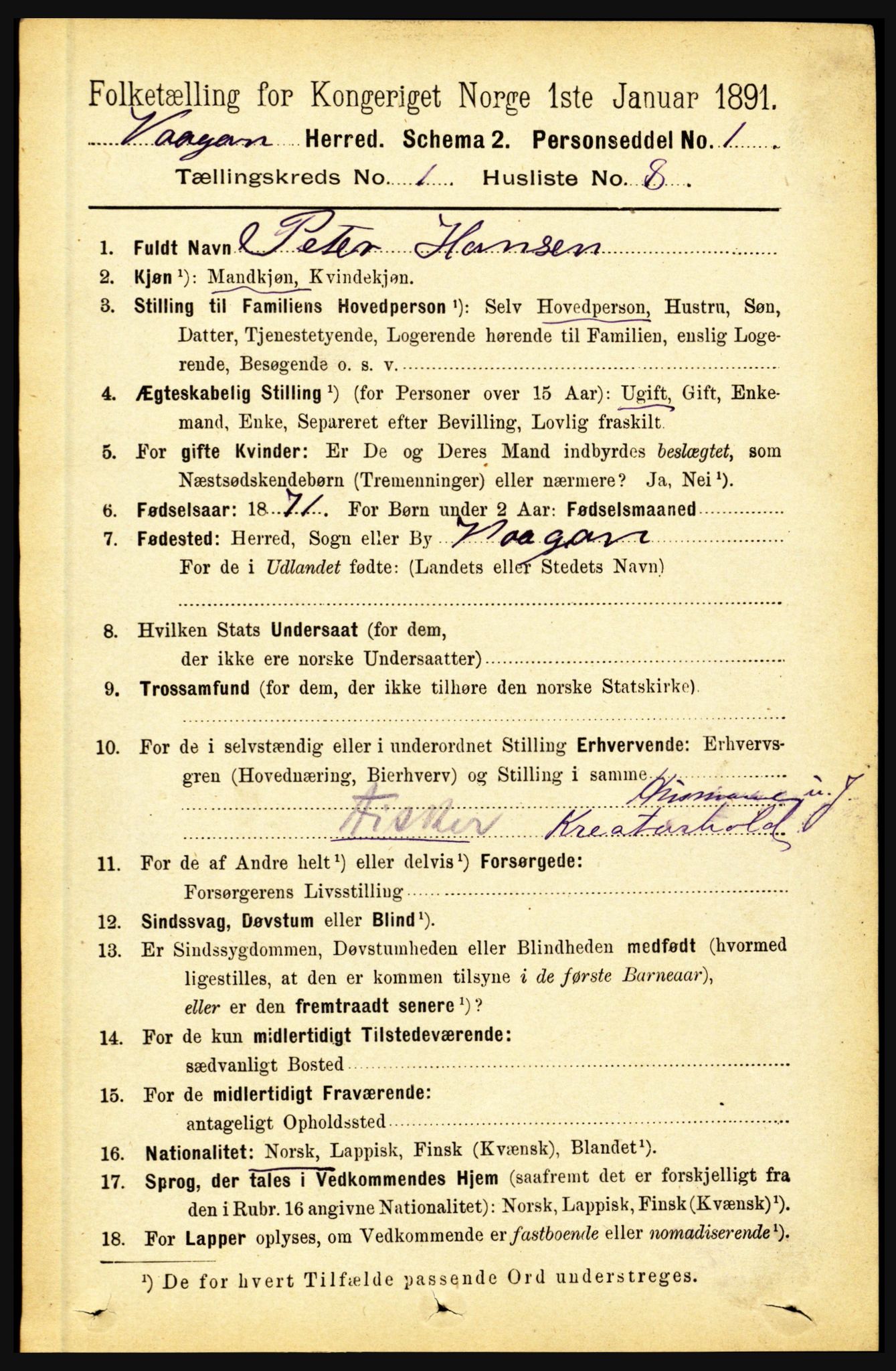 RA, 1891 census for 1865 Vågan, 1891, p. 141