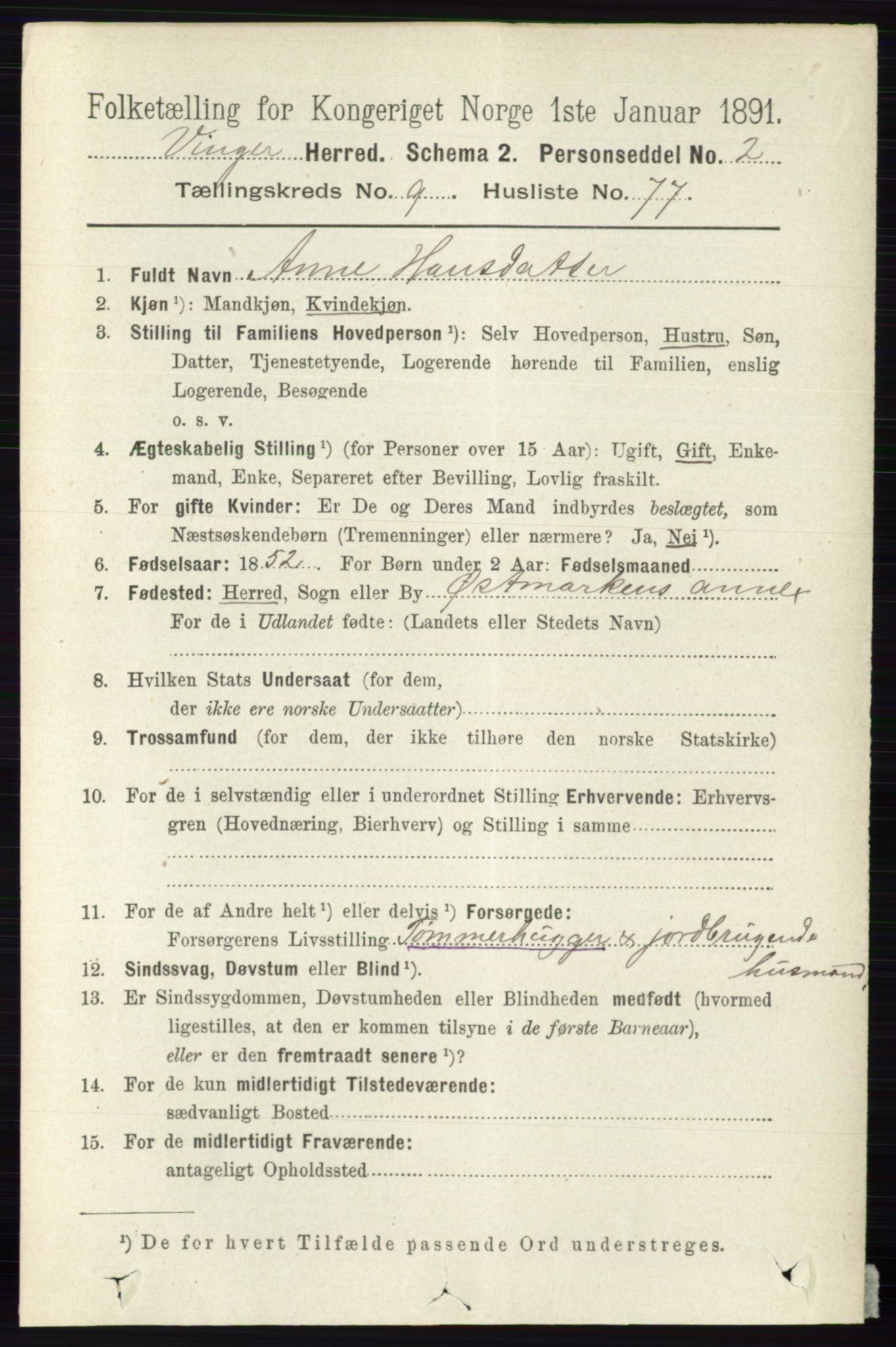 RA, 1891 census for 0421 Vinger, 1891, p. 4806