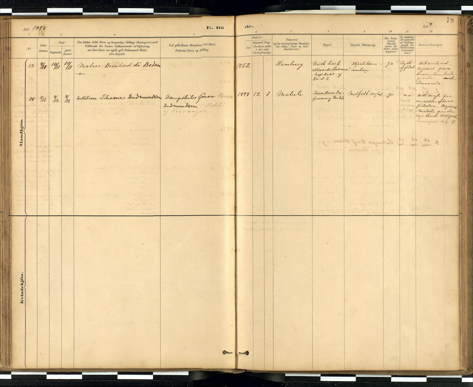 Den norske sjømannsmisjon i utlandet / Quebec (Canada) samt Pensacola--Savannah-Mobile-New Orleans-Gulfport (Gulfhamnene i USA), SAB/SAB/PA-0114/H/Ha/L0001: Parish register (official) no. A 1, 1887-1924, p. 77b-78a