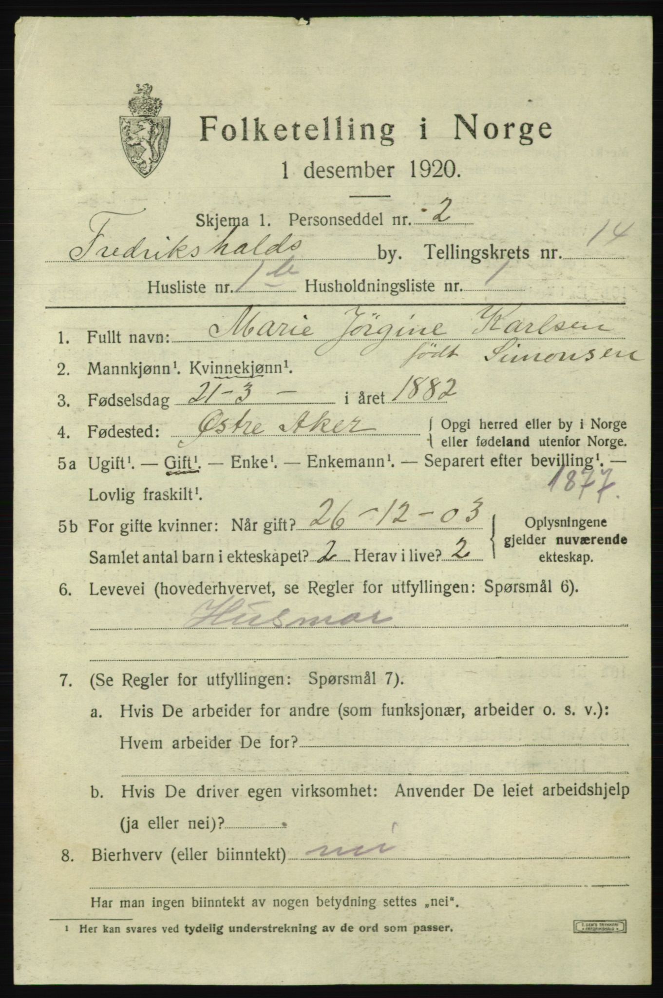 SAO, 1920 census for Fredrikshald, 1920, p. 22157