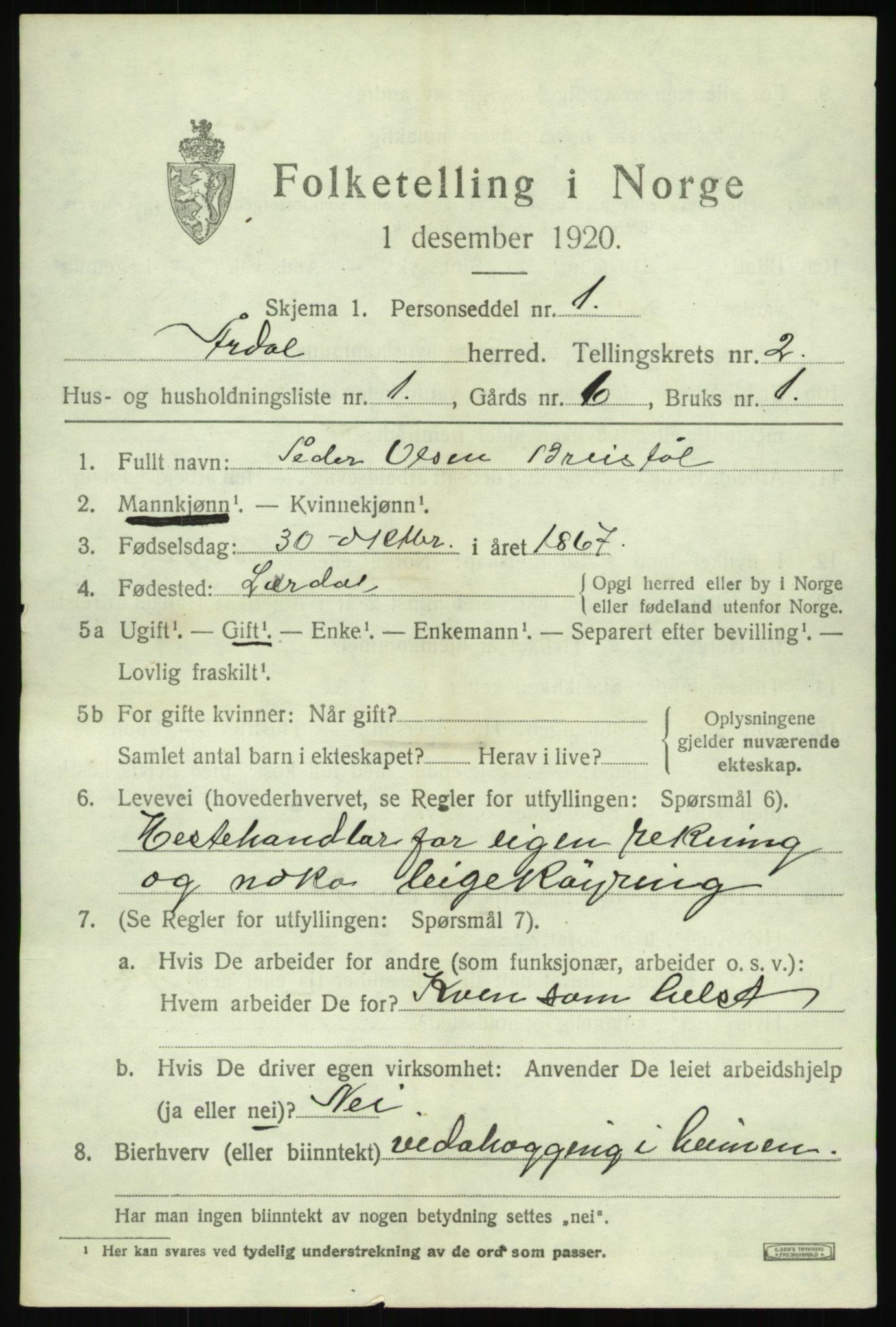 SAB, 1920 census for Årdal, 1920, p. 865