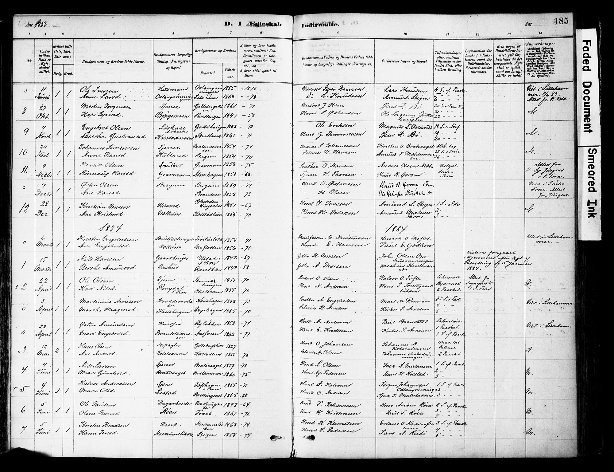 Ringebu prestekontor, SAH/PREST-082/H/Ha/Haa/L0008: Parish register (official) no. 8, 1878-1898, p. 185