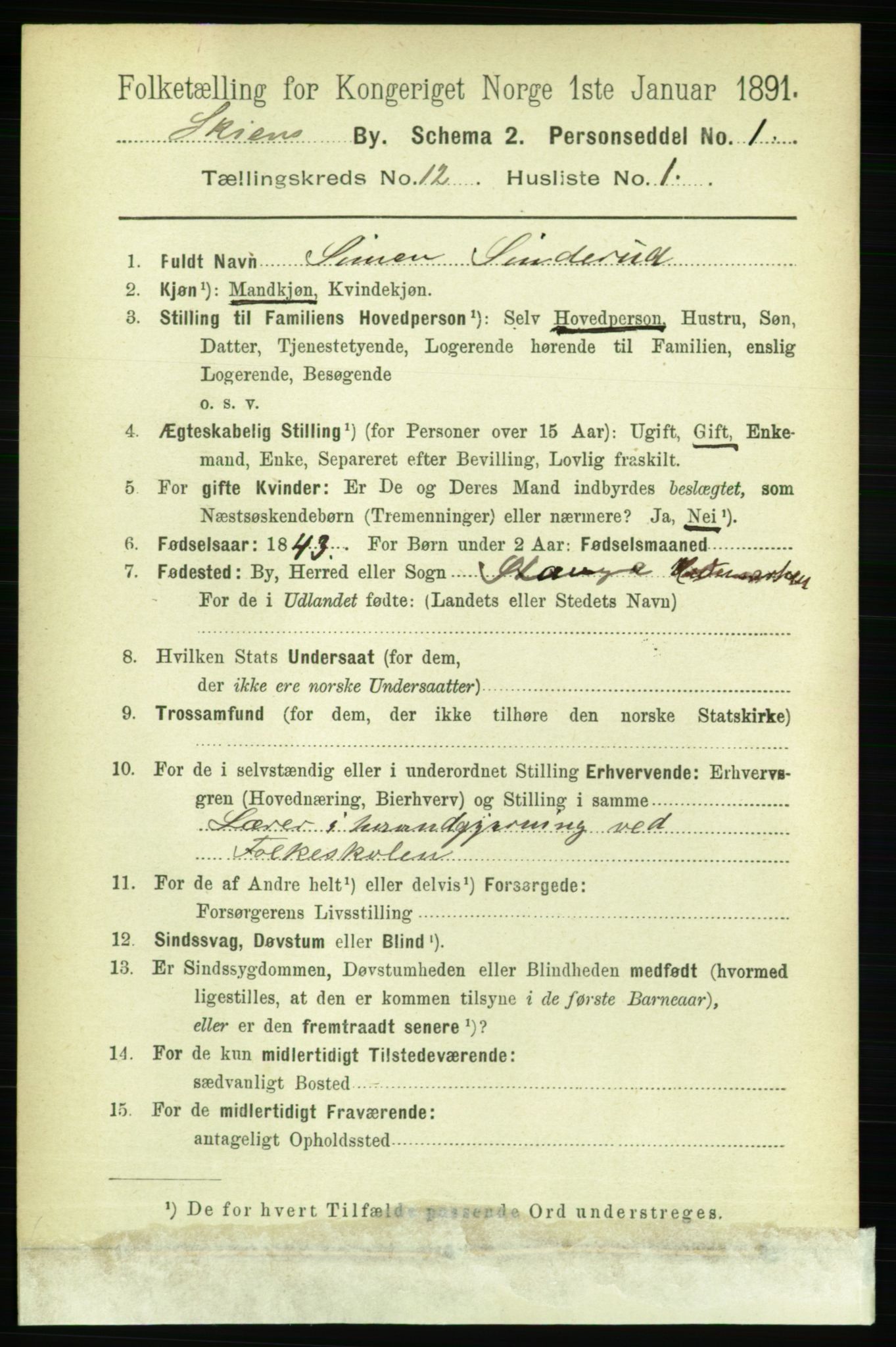 RA, 1891 census for 0806 Skien, 1891, p. 3957