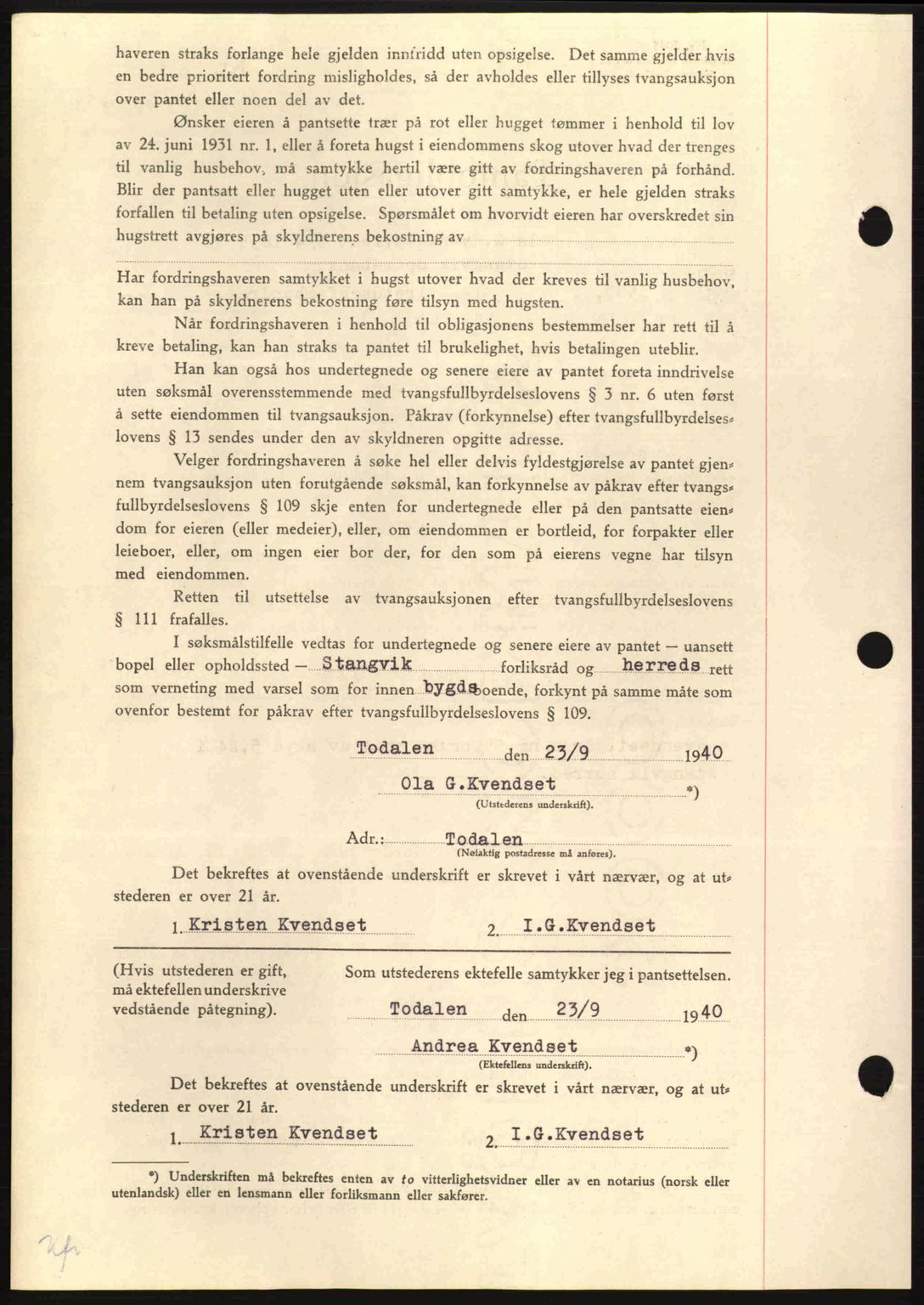 Nordmøre sorenskriveri, AV/SAT-A-4132/1/2/2Ca: Mortgage book no. B87, 1940-1941, Diary no: : 1580/1940