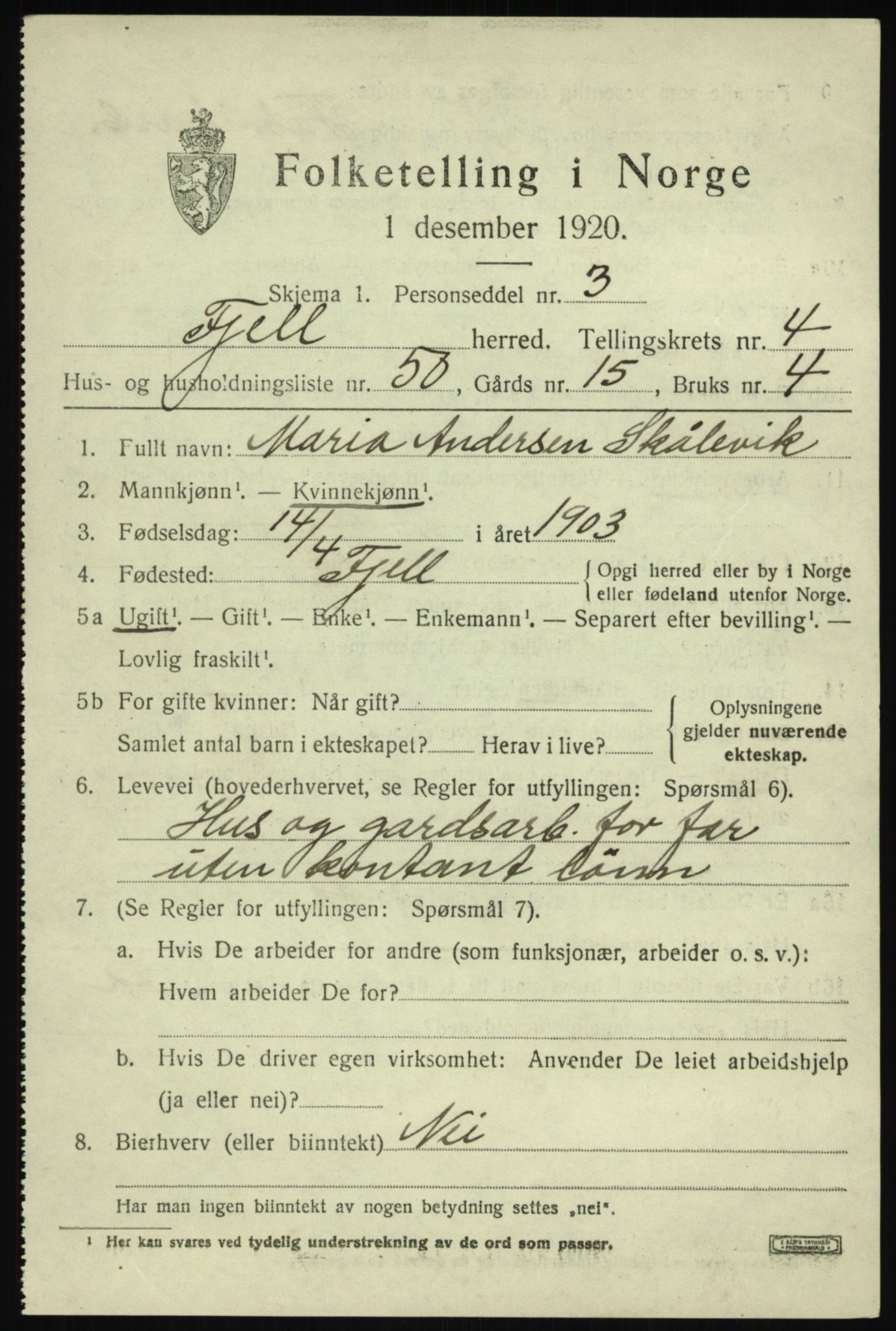 SAB, 1920 census for Fjell, 1920, p. 4394