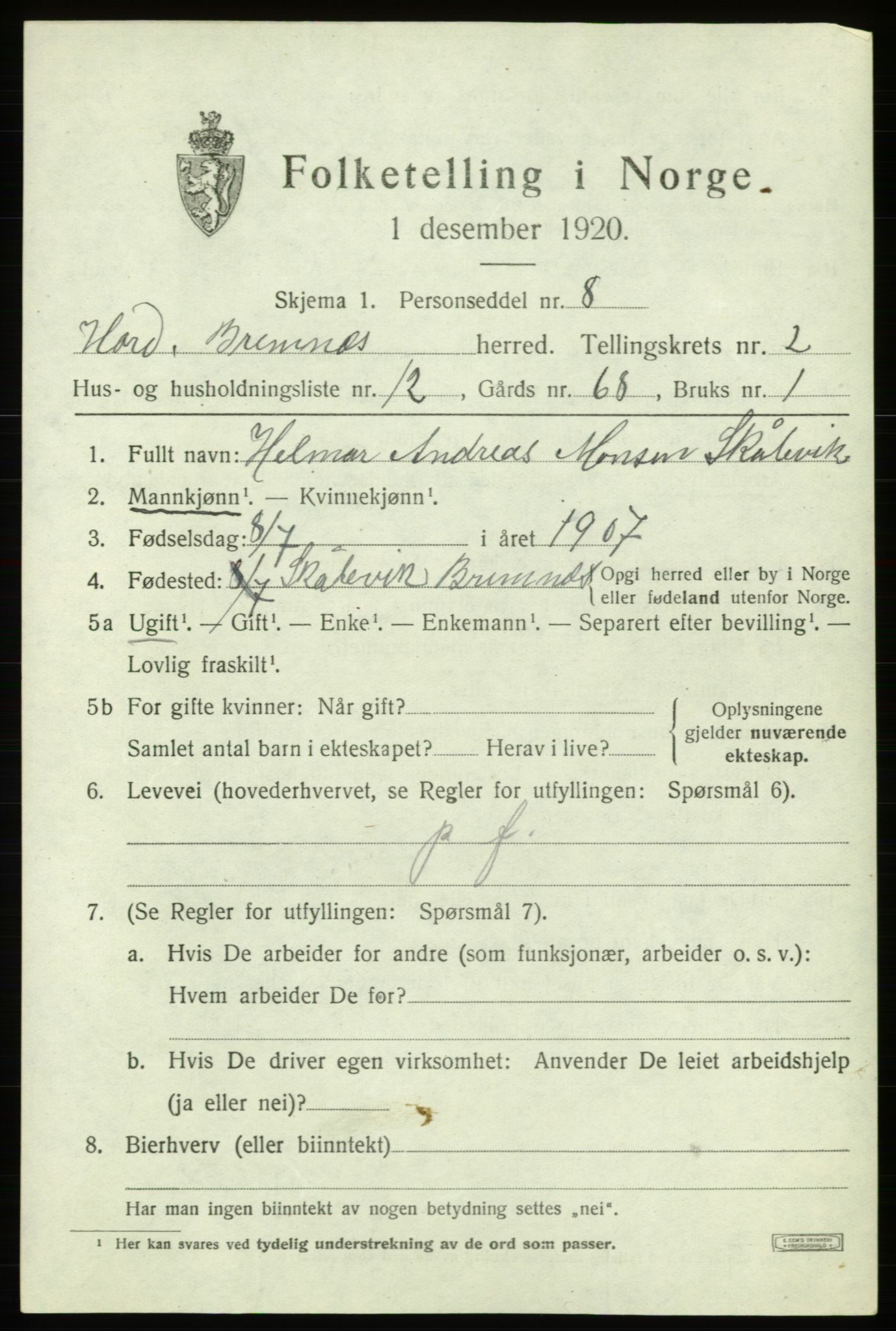 SAB, 1920 census for Bremnes, 1920, p. 1462