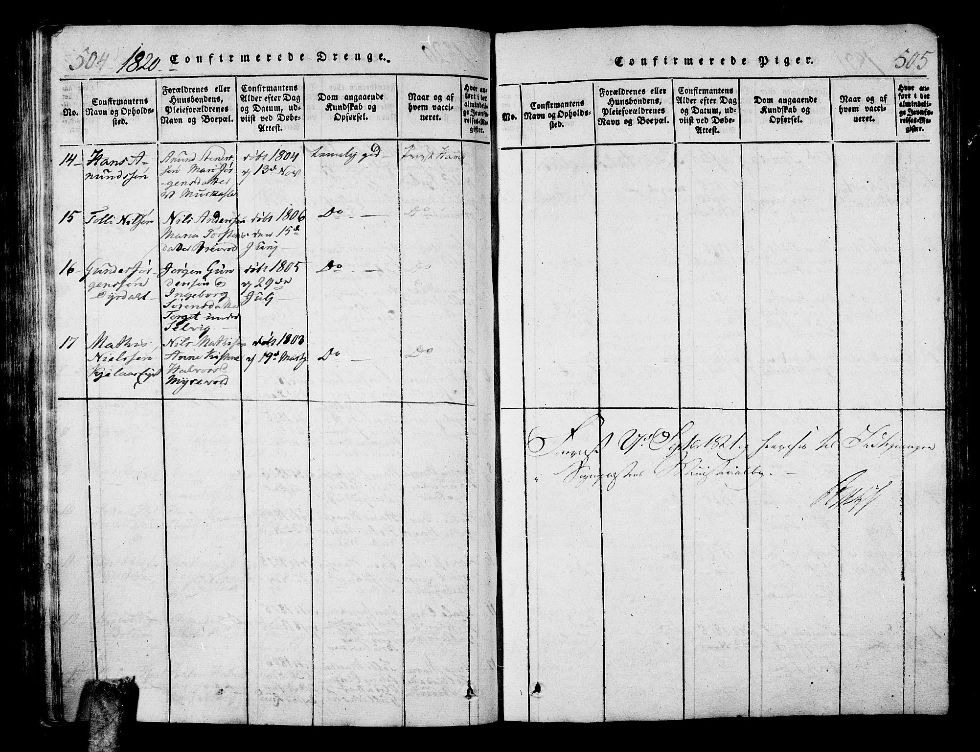 Sande Kirkebøker, SAKO/A-53/G/Ga/L0001: Parish register (copy) no. 1, 1814-1847, p. 504-505