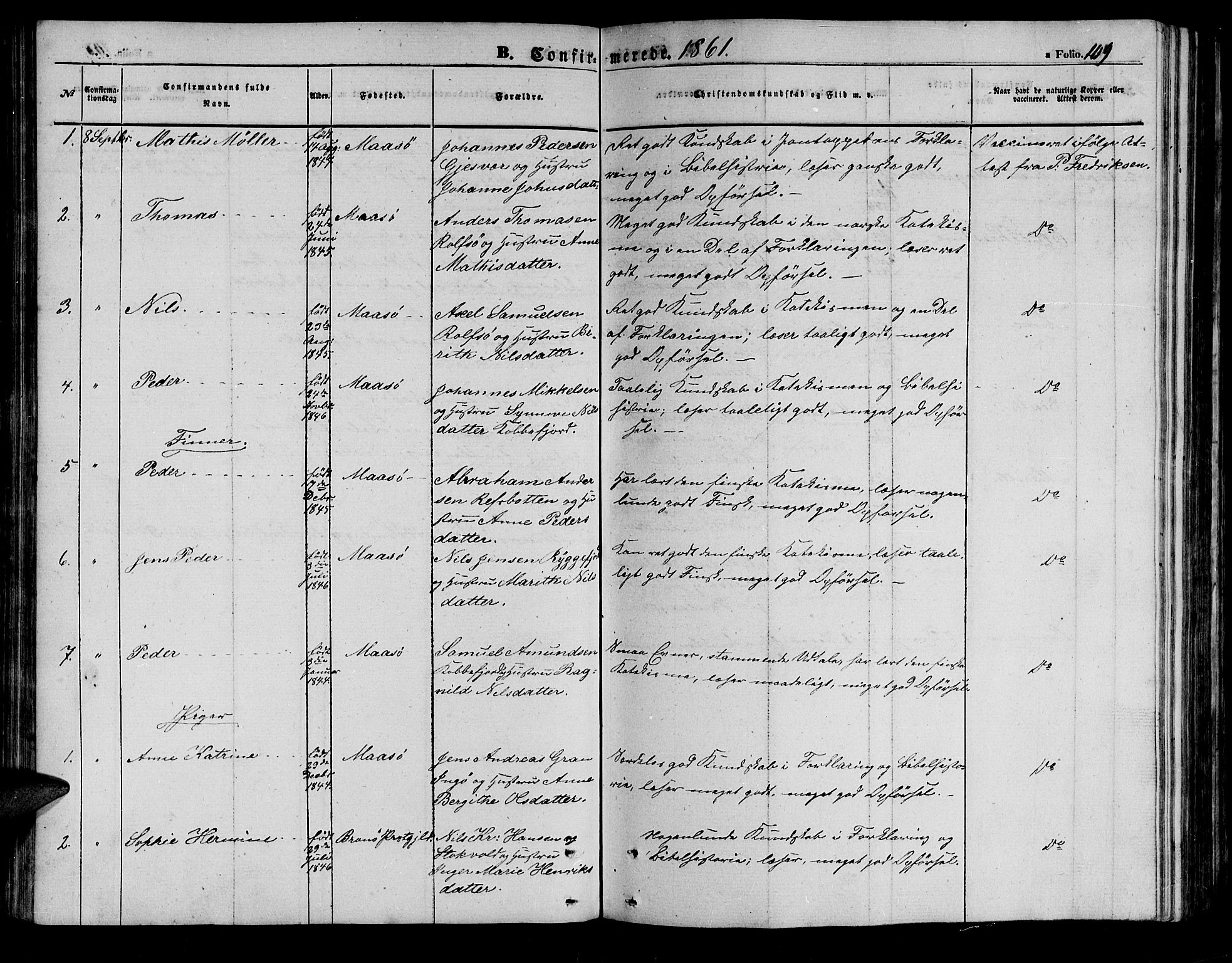 Måsøy sokneprestkontor, AV/SATØ-S-1348/H/Hb/L0001klokker: Parish register (copy) no. 1, 1852-1877, p. 109