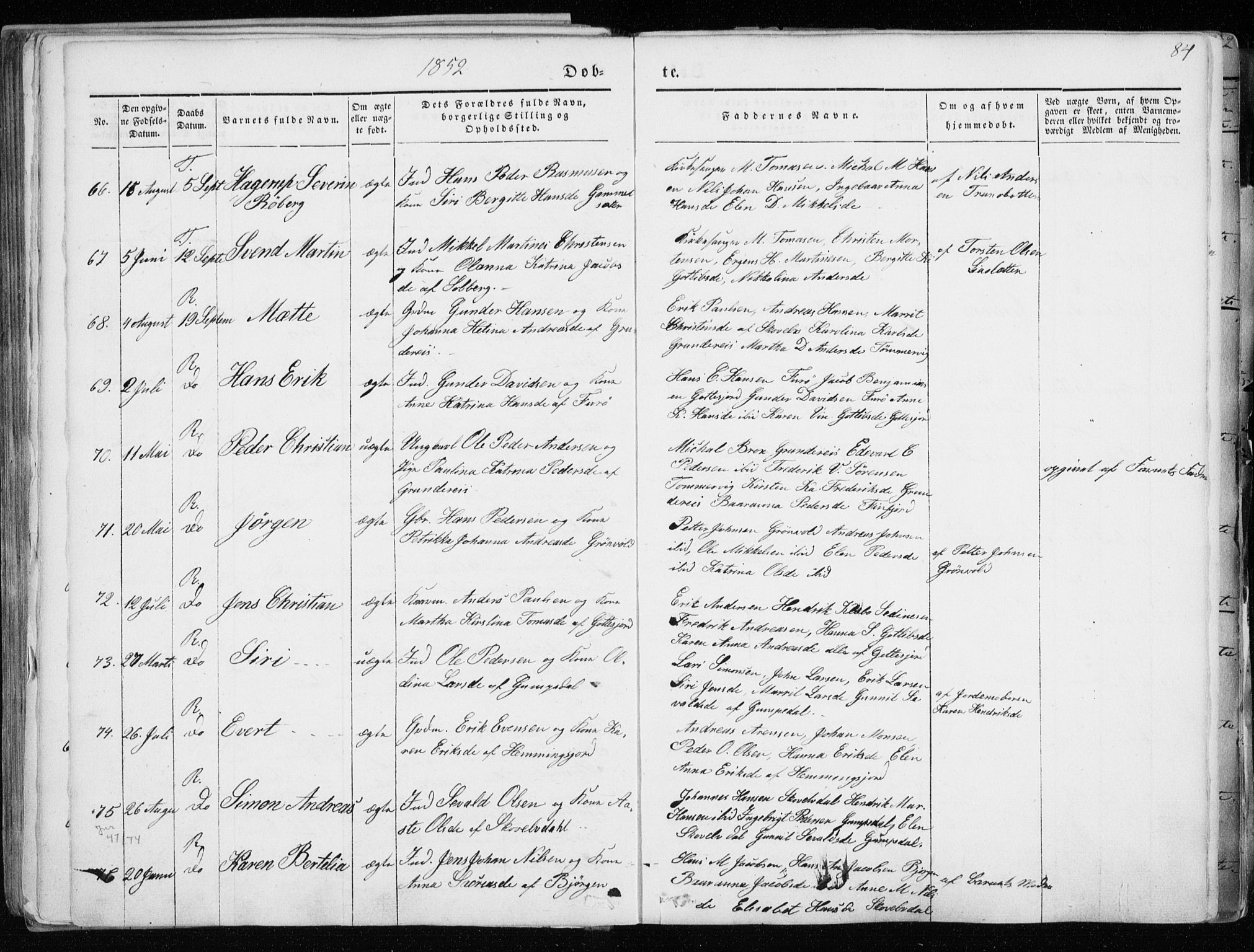 Tranøy sokneprestkontor, AV/SATØ-S-1313/I/Ia/Iaa/L0006kirke: Parish register (official) no. 6, 1844-1855, p. 84