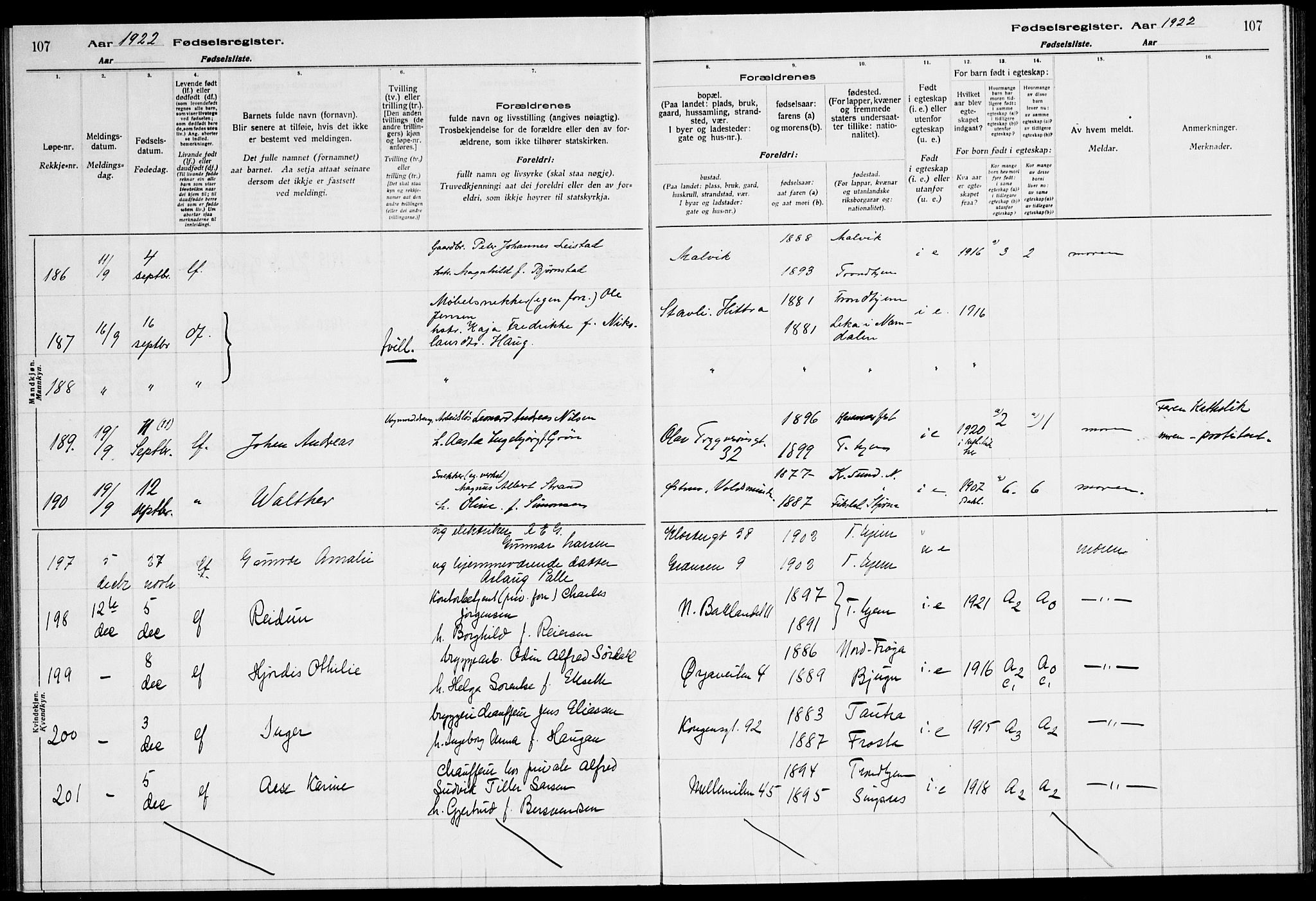 Ministerialprotokoller, klokkerbøker og fødselsregistre - Sør-Trøndelag, AV/SAT-A-1456/600/L0003: Birth register no. 600.II.4.2, 1920-1924, p. 107