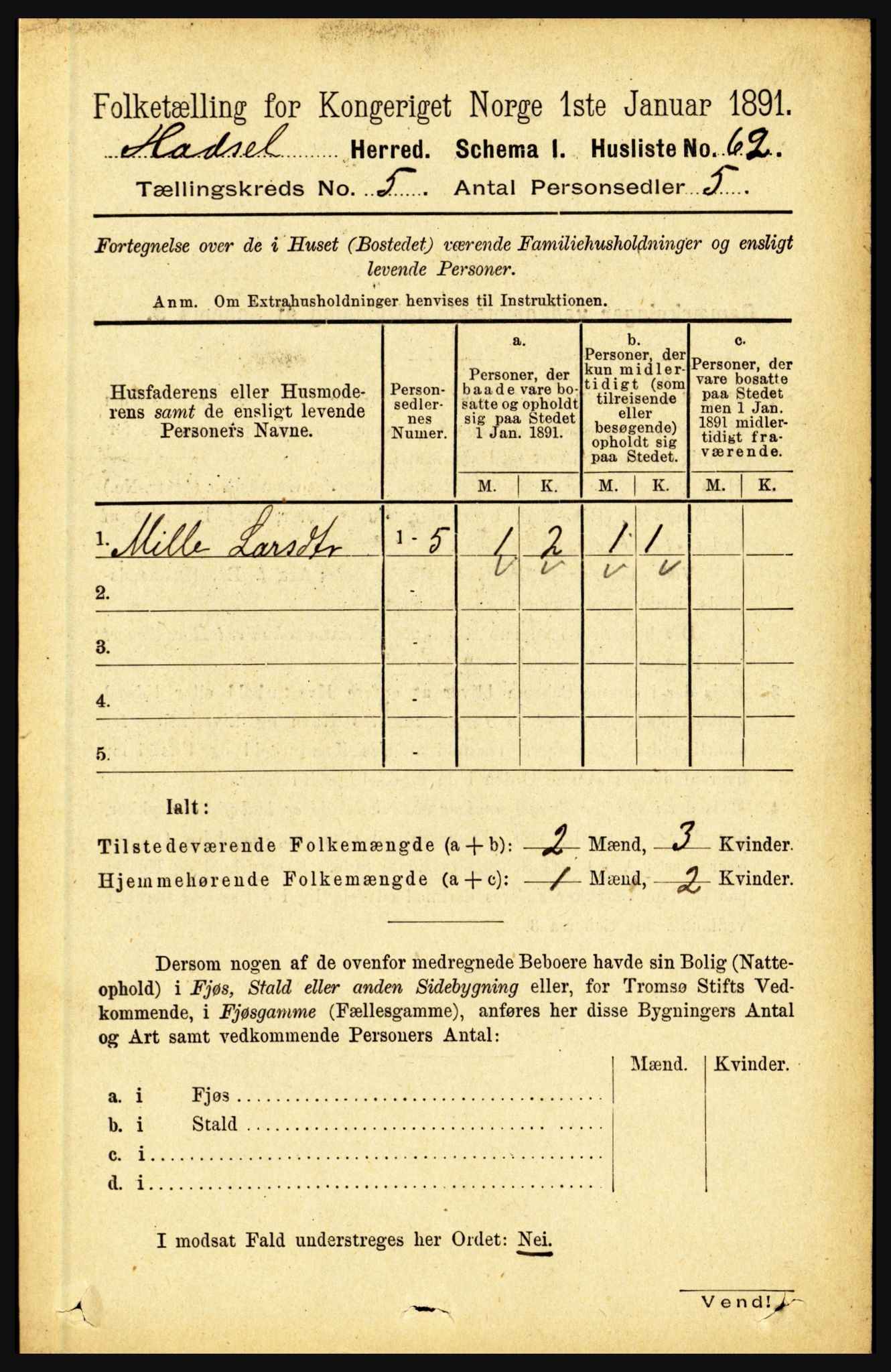 RA, 1891 census for 1866 Hadsel, 1891, p. 2118