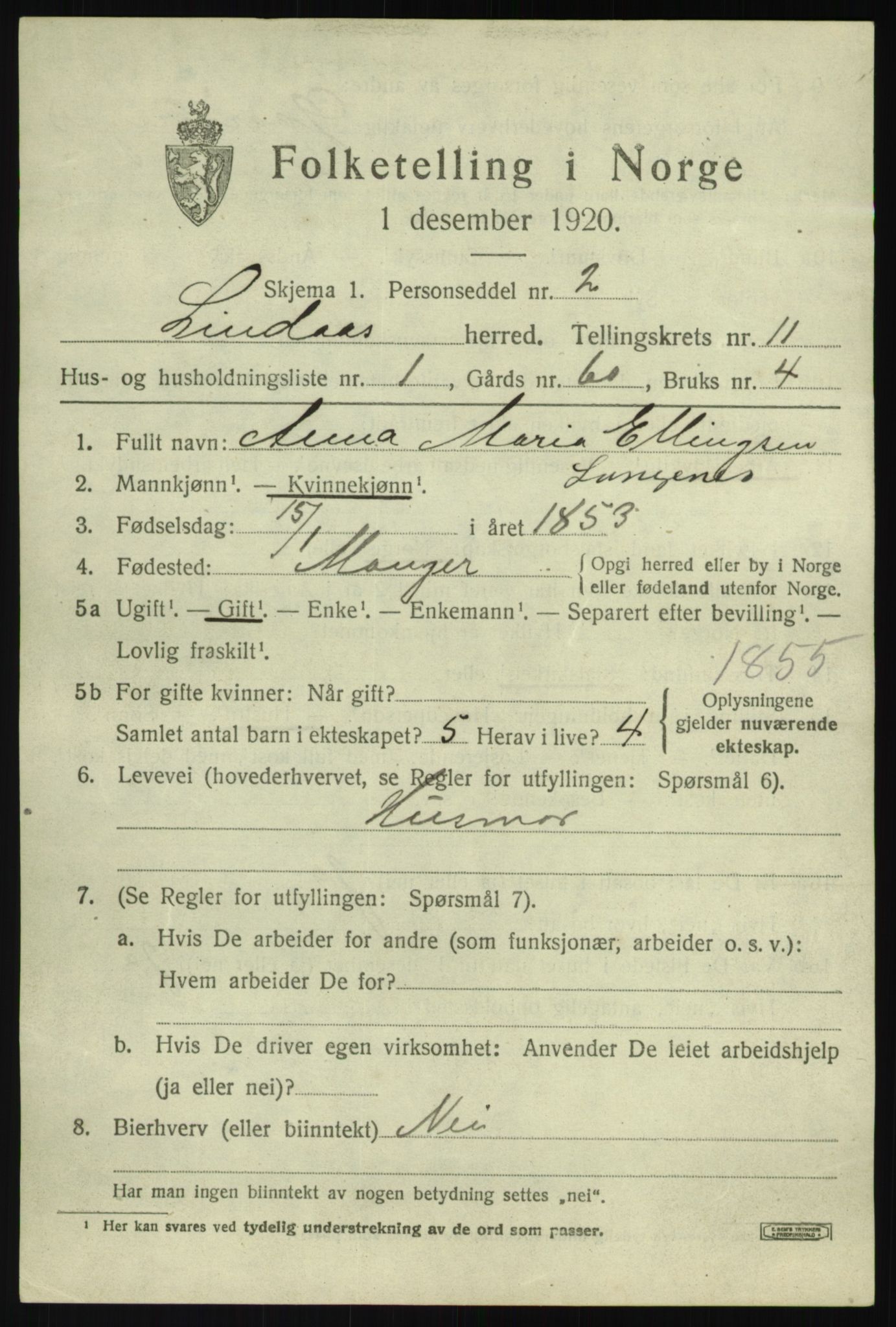 SAB, 1920 census for Lindås, 1920, p. 5605