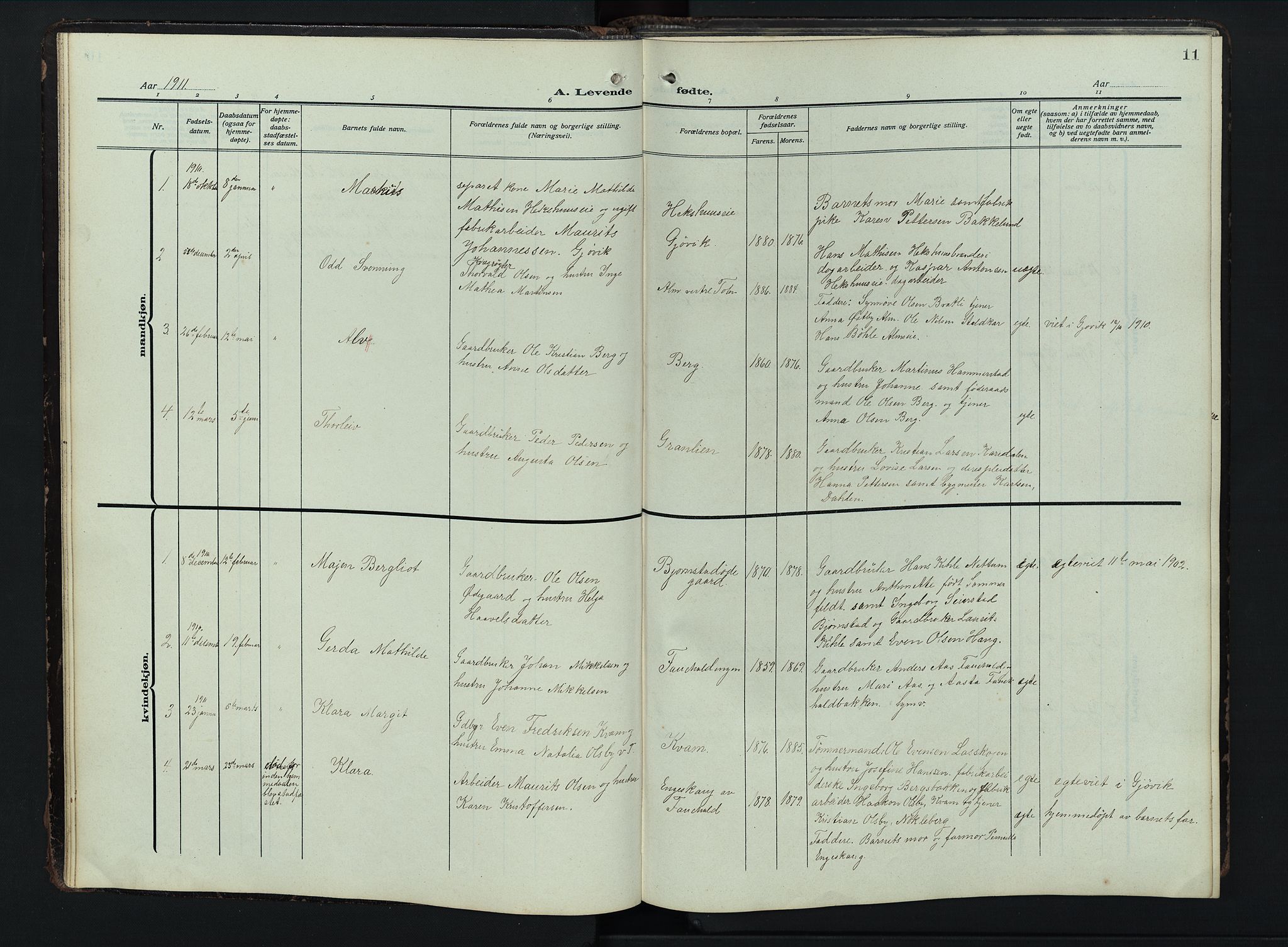 Østre Toten prestekontor, SAH/PREST-104/H/Ha/Hab/L0009: Parish register (copy) no. 9, 1908-1956, p. 11