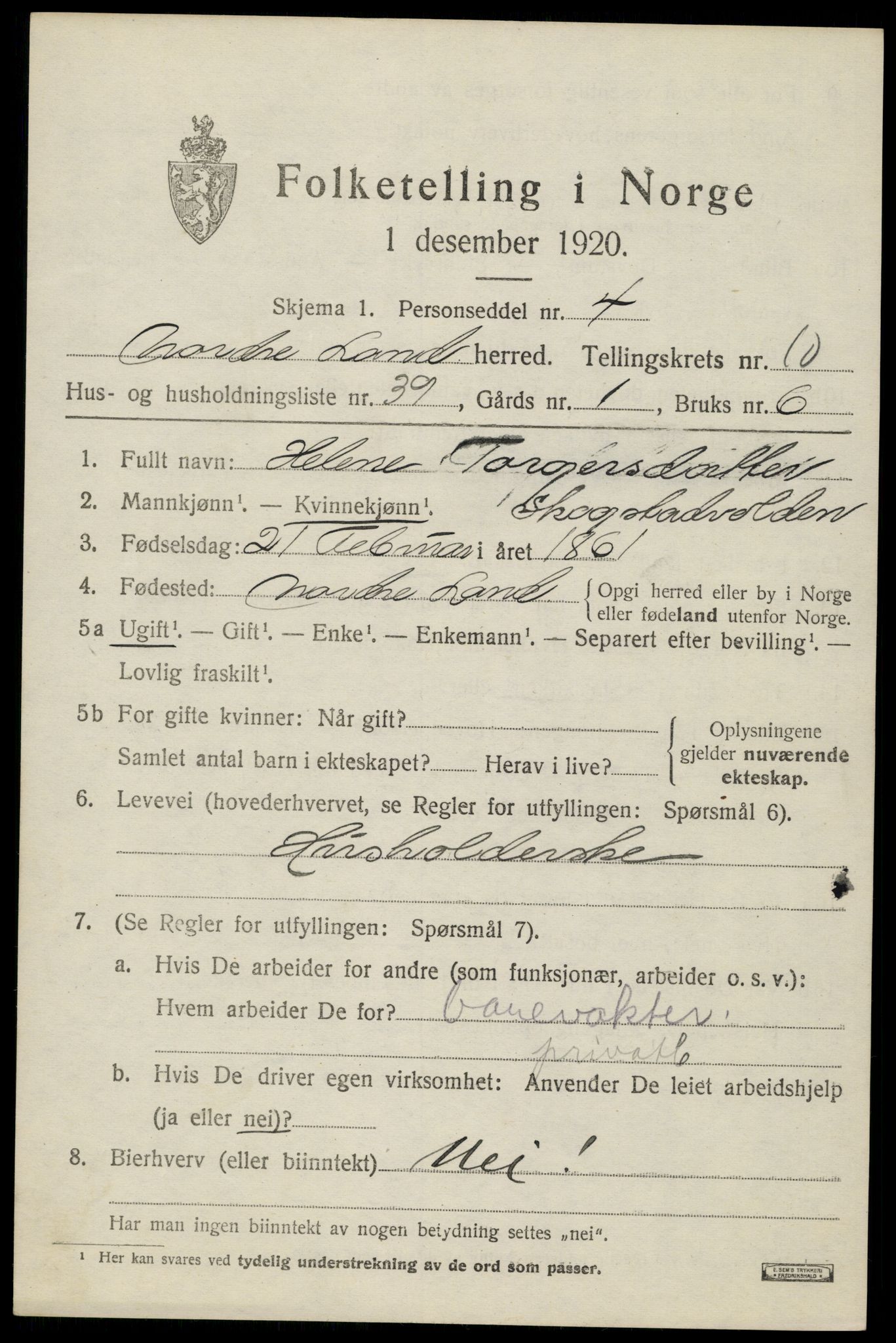 SAH, 1920 census for Nordre Land, 1920, p. 5652