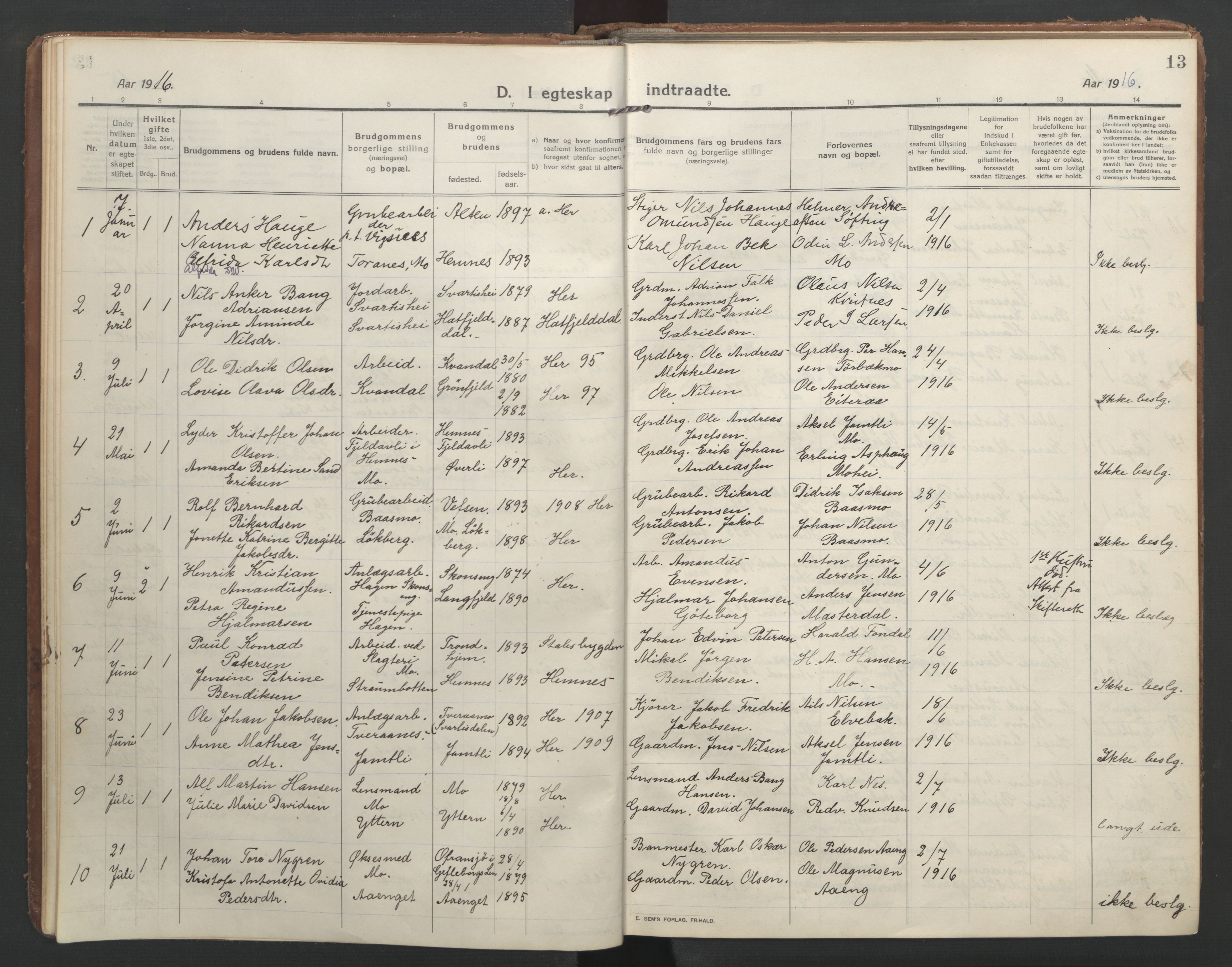 Ministerialprotokoller, klokkerbøker og fødselsregistre - Nordland, SAT/A-1459/827/L0405: Parish register (official) no. 827A17, 1912-1925, p. 13