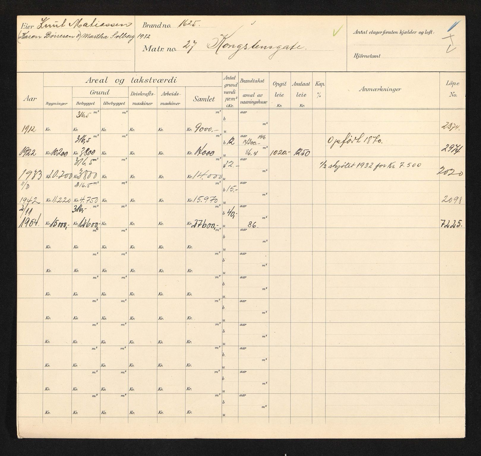 Stavanger kommune. Skattetakstvesenet, BYST/A-0440/F/Fa/Faa/L0026/0004: Skattetakstkort / Kongsteinsgata 27 - 61