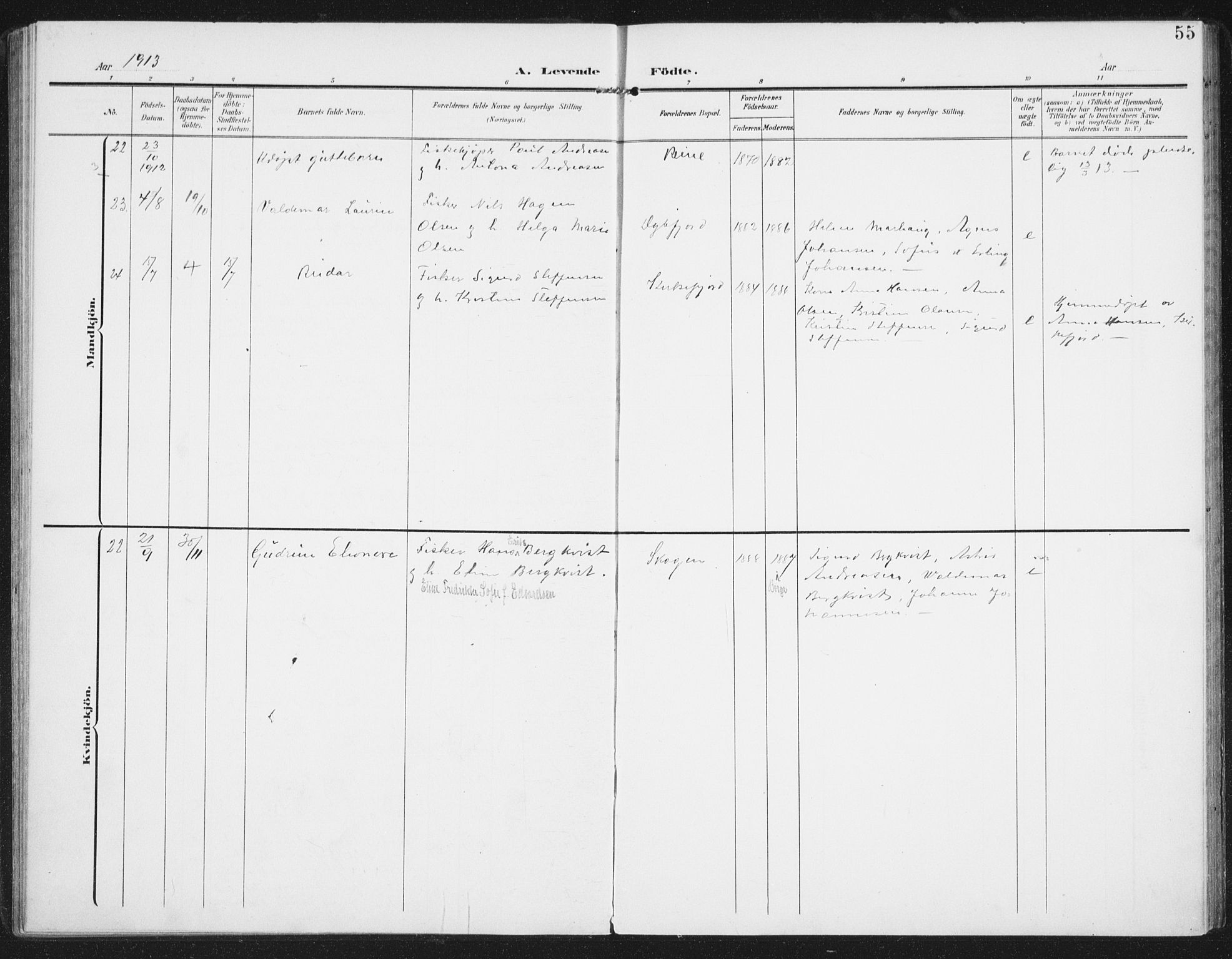 Ministerialprotokoller, klokkerbøker og fødselsregistre - Nordland, SAT/A-1459/886/L1221: Parish register (official) no. 886A03, 1903-1913, p. 55