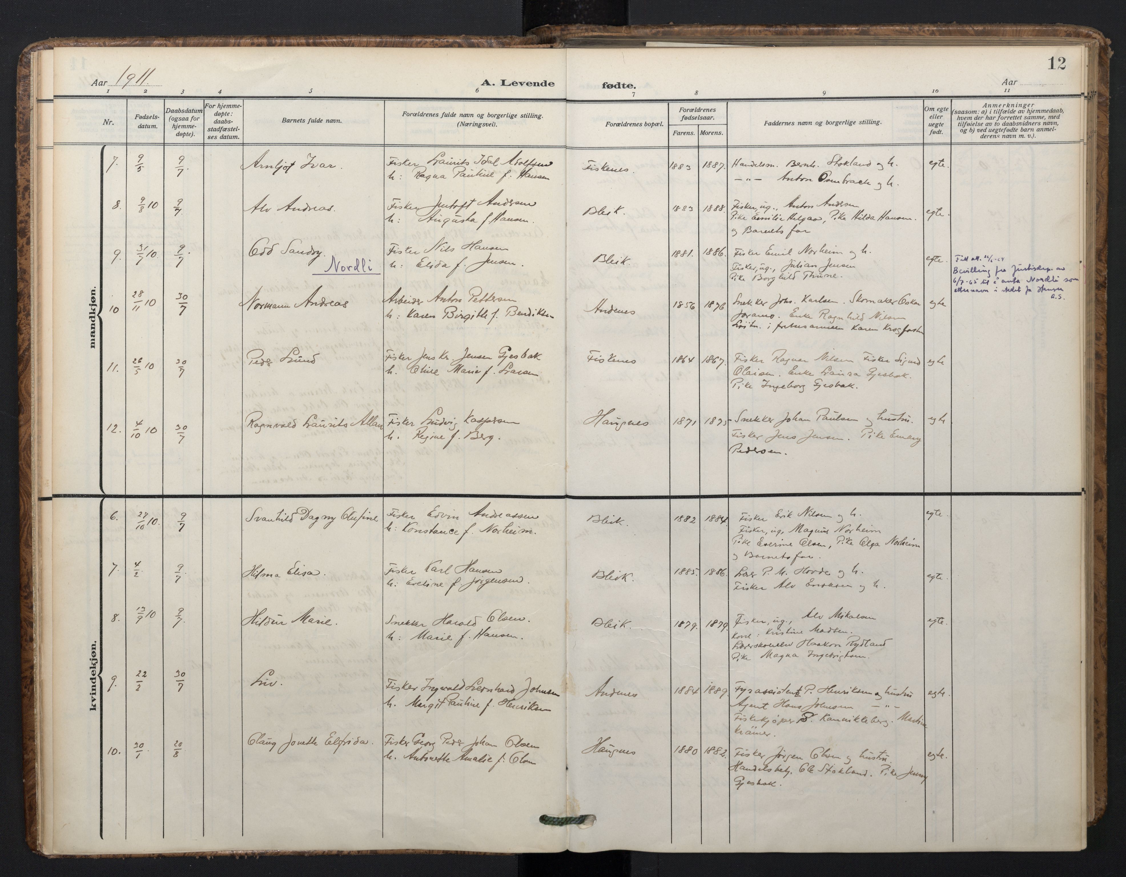 Ministerialprotokoller, klokkerbøker og fødselsregistre - Nordland, SAT/A-1459/899/L1438: Parish register (official) no. 899A06, 1909-1922, p. 12