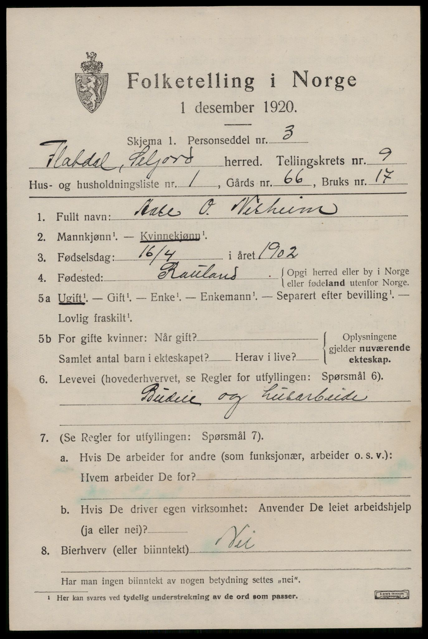 SAKO, 1920 census for Seljord, 1920, p. 4214