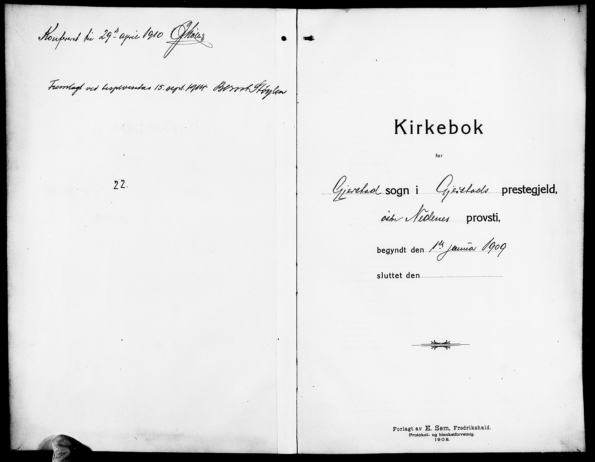 Gjerstad sokneprestkontor, AV/SAK-1111-0014/F/Fb/Fba/L0008: Parish register (copy) no. B 8, 1909-1925, p. 1