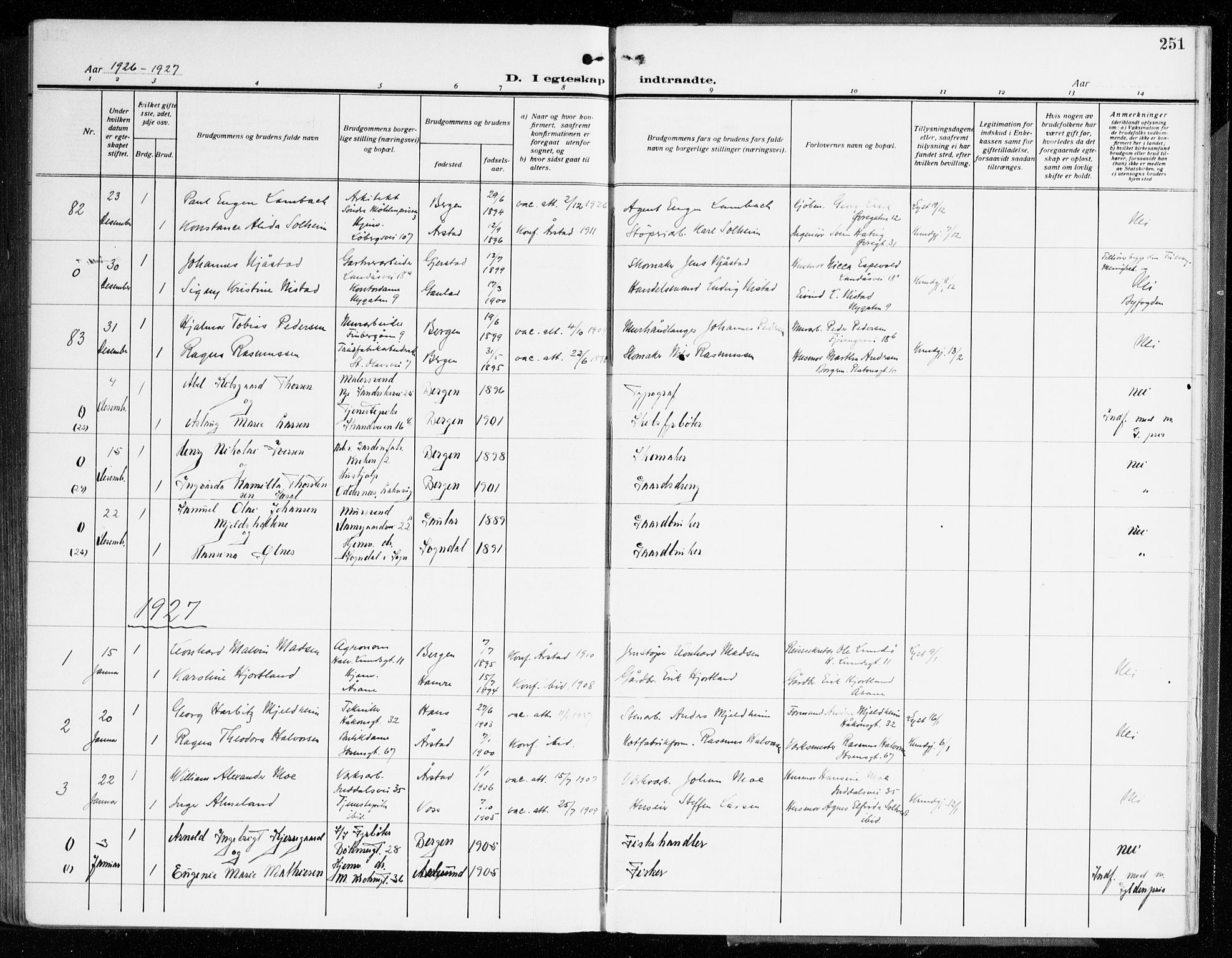 Årstad Sokneprestembete, AV/SAB-A-79301/H/Haa/L0004: Parish register (official) no. A 4, 1919-1928, p. 251