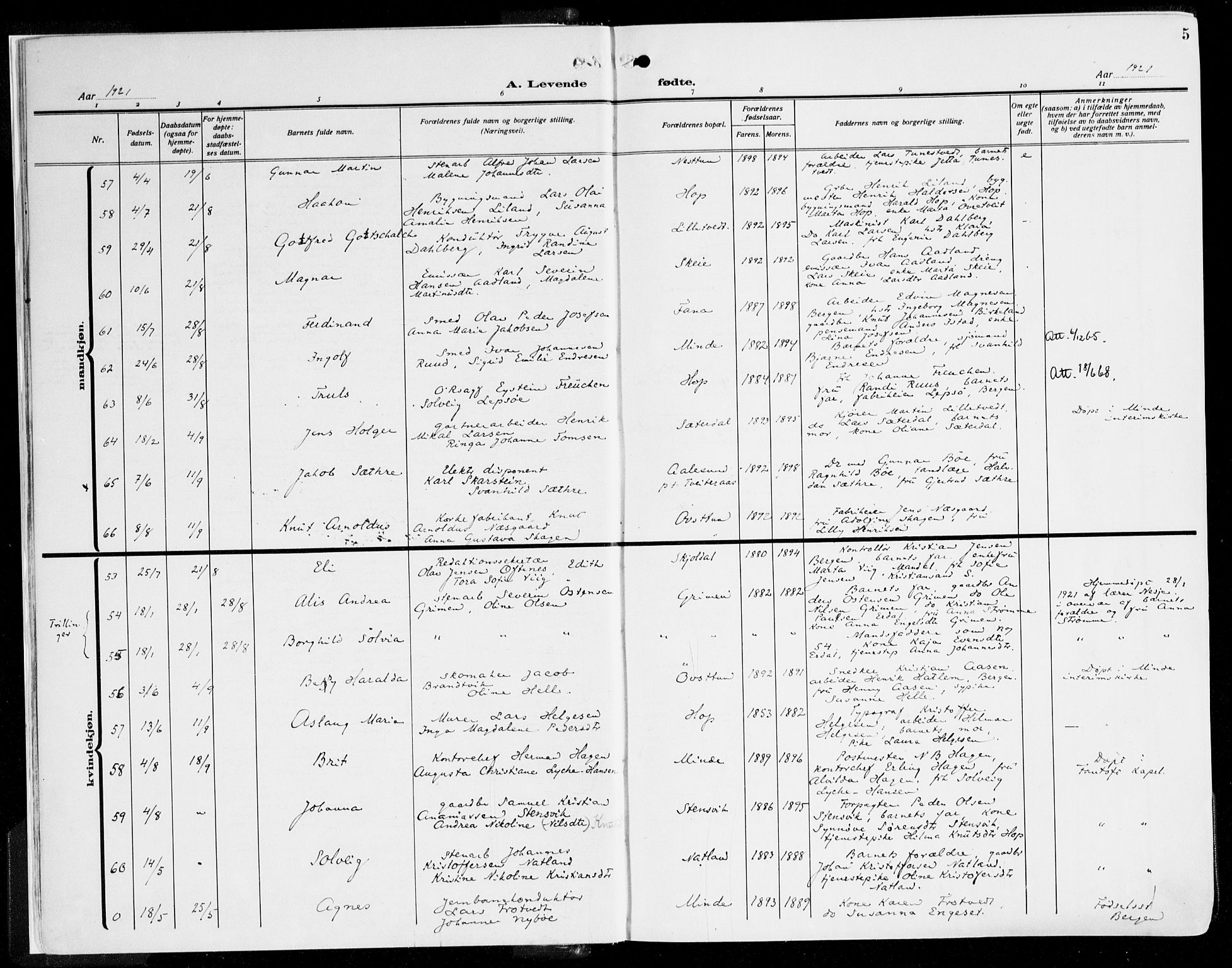 Fana Sokneprestembete, SAB/A-75101/H/Haa/Haaj/L0001: Parish register (official) no. J 1, 1921-1935, p. 5