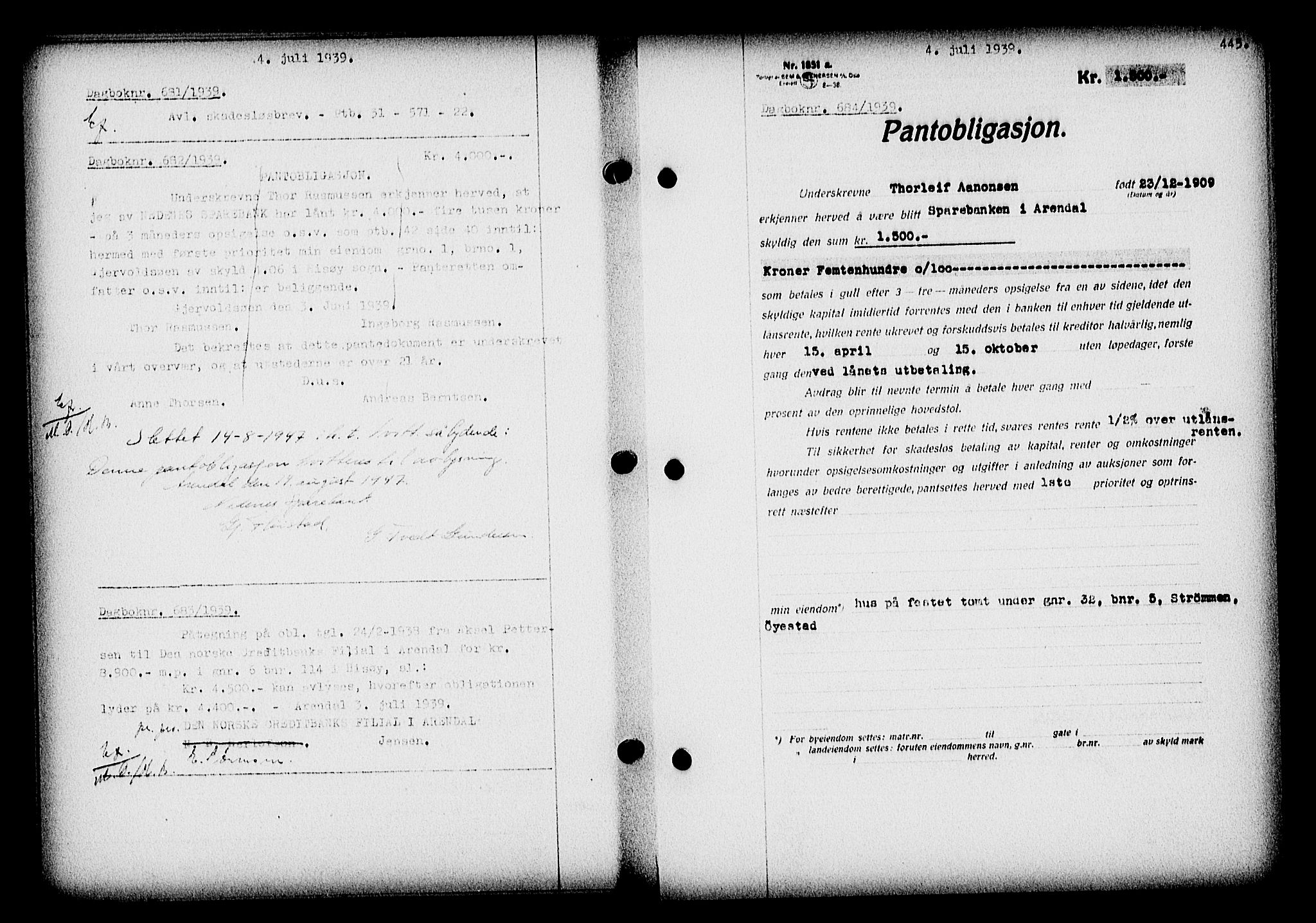Nedenes sorenskriveri, SAK/1221-0006/G/Gb/Gba/L0046: Mortgage book no. 42, 1938-1939, Diary no: : 684/1939