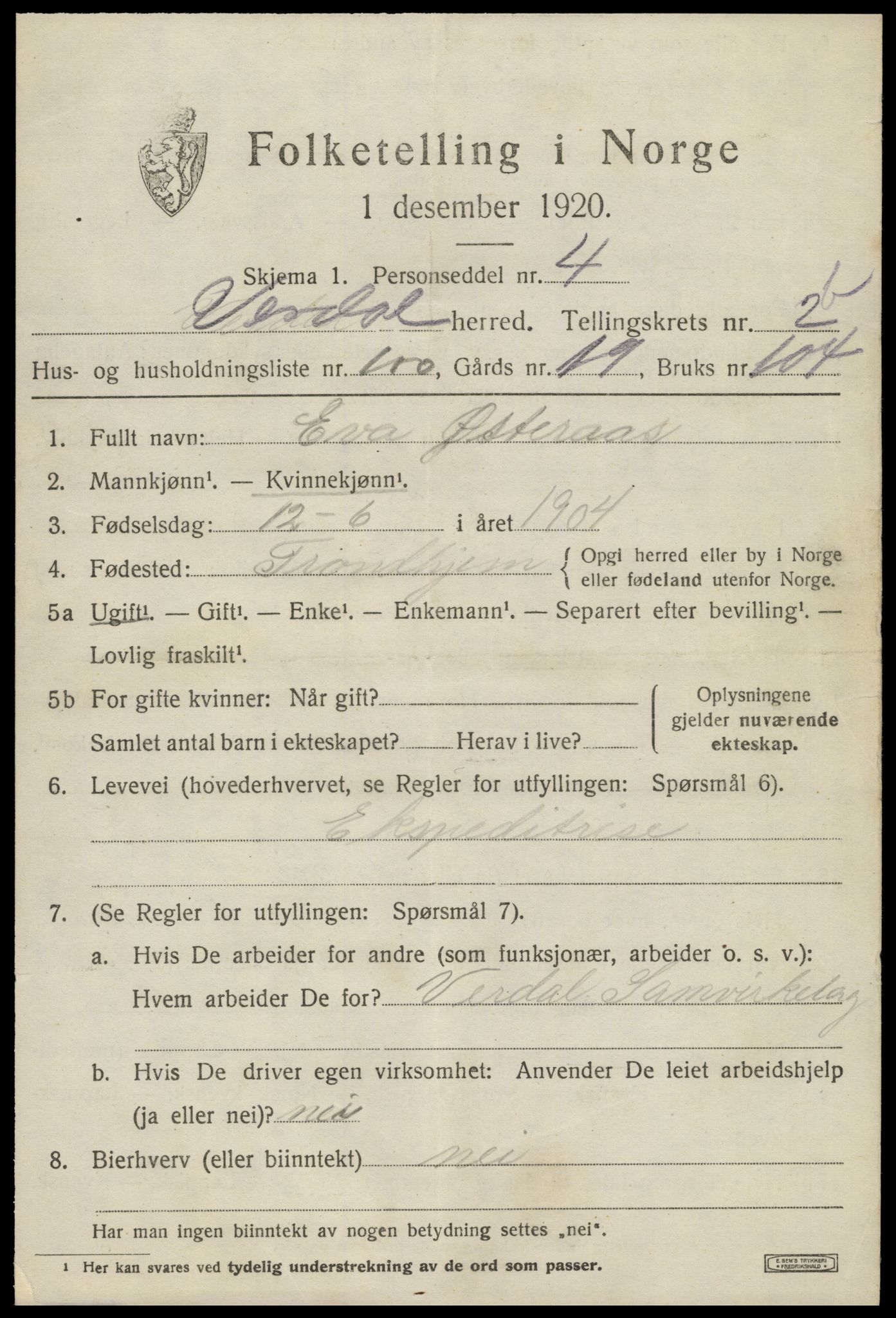 SAT, 1920 census for Verdal, 1920, p. 5325